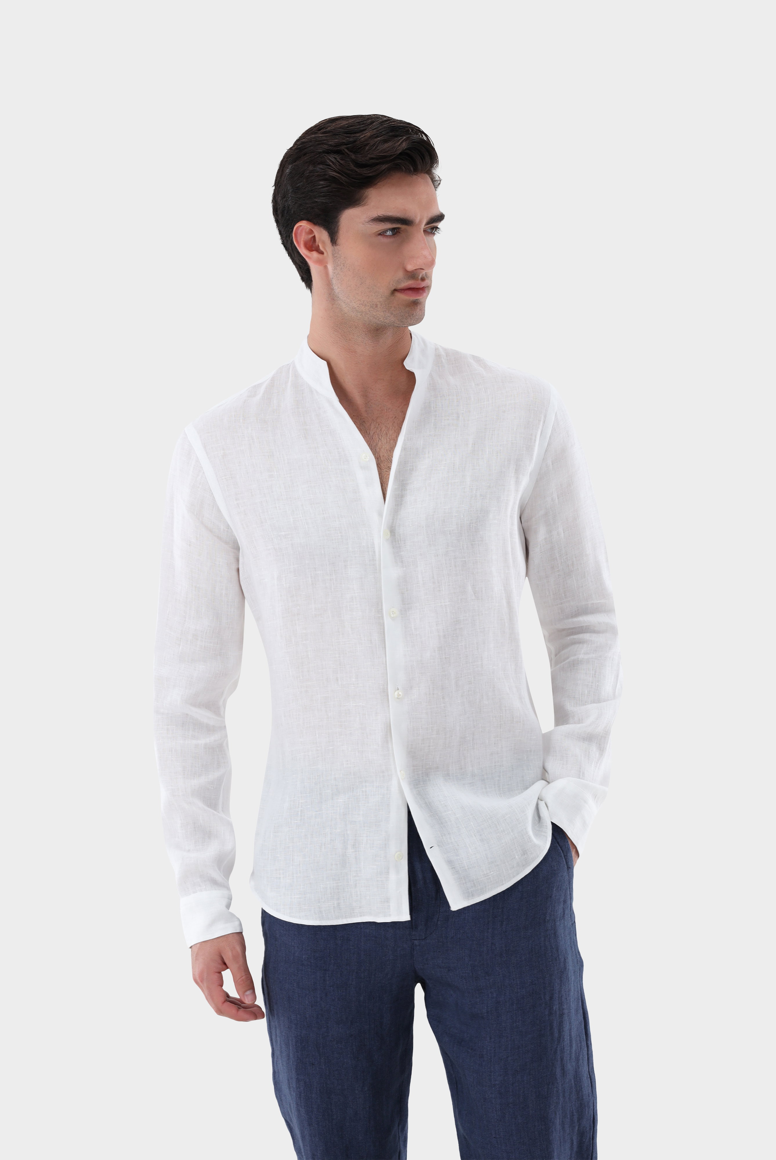 Linen shirt with stand-up collar