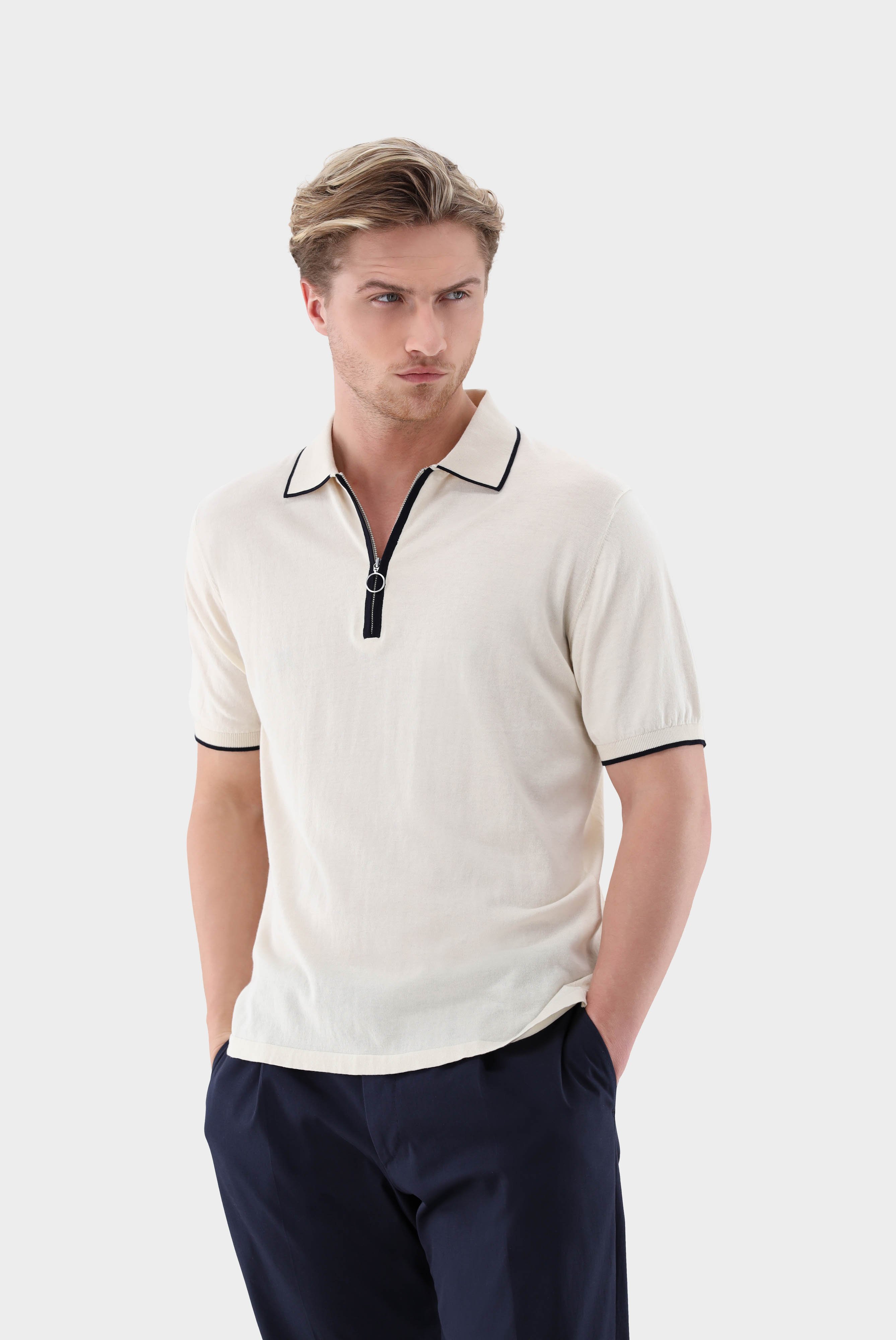 Poloshirts+Gestricktes Zip Polo Shirt aus Air Cotton+82.8647.S7.S00174.120.M