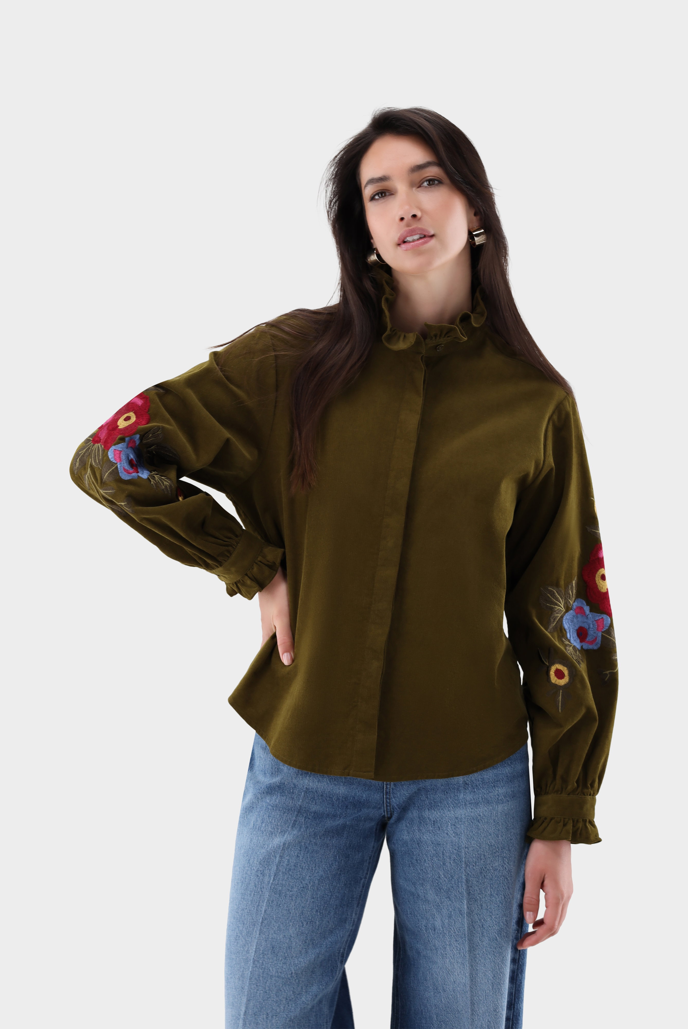 Bluse mit Bestickten Ärmeln und Rüschenkragen