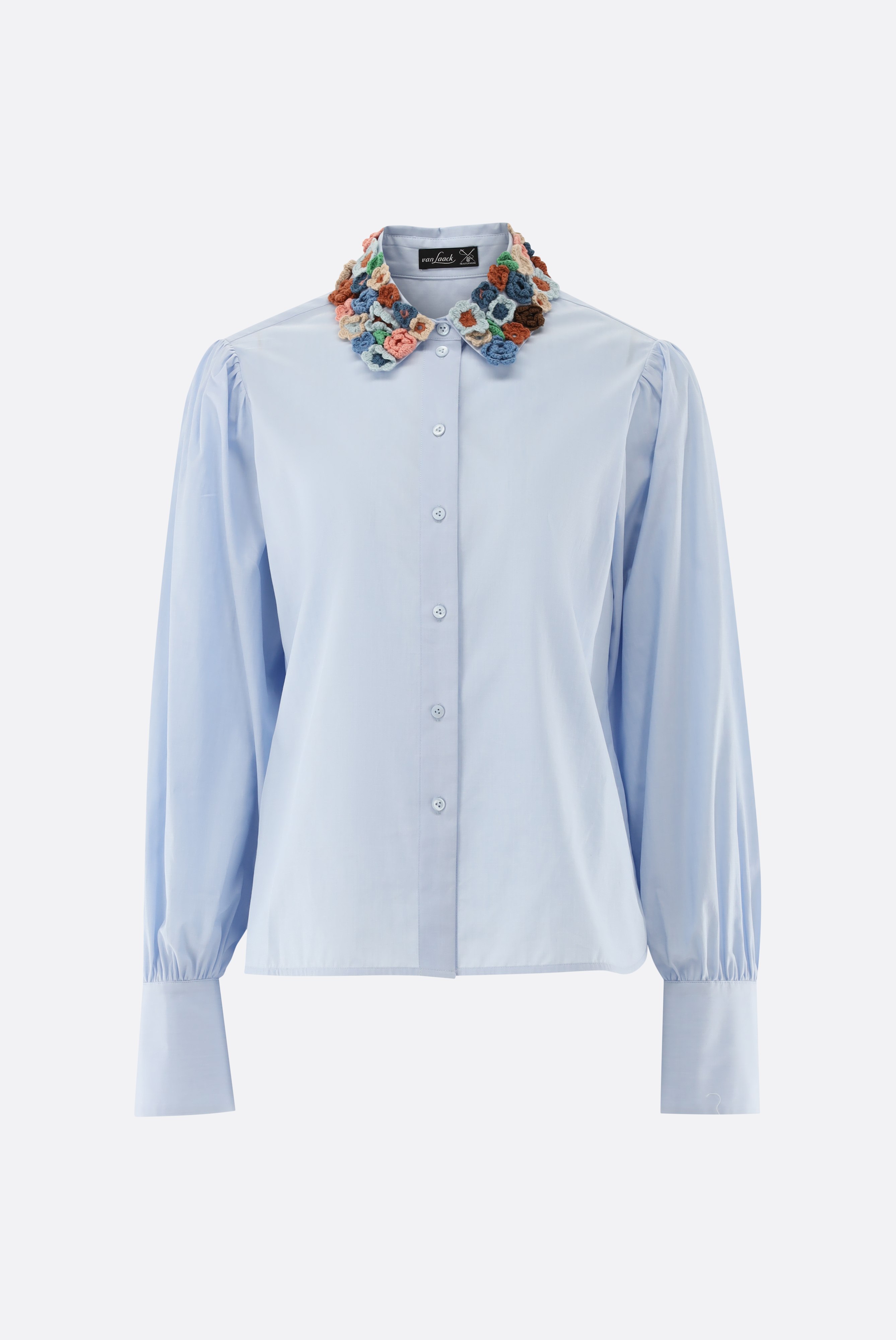 Boxy Hmdbluse mit Häkelblüten-Kragen