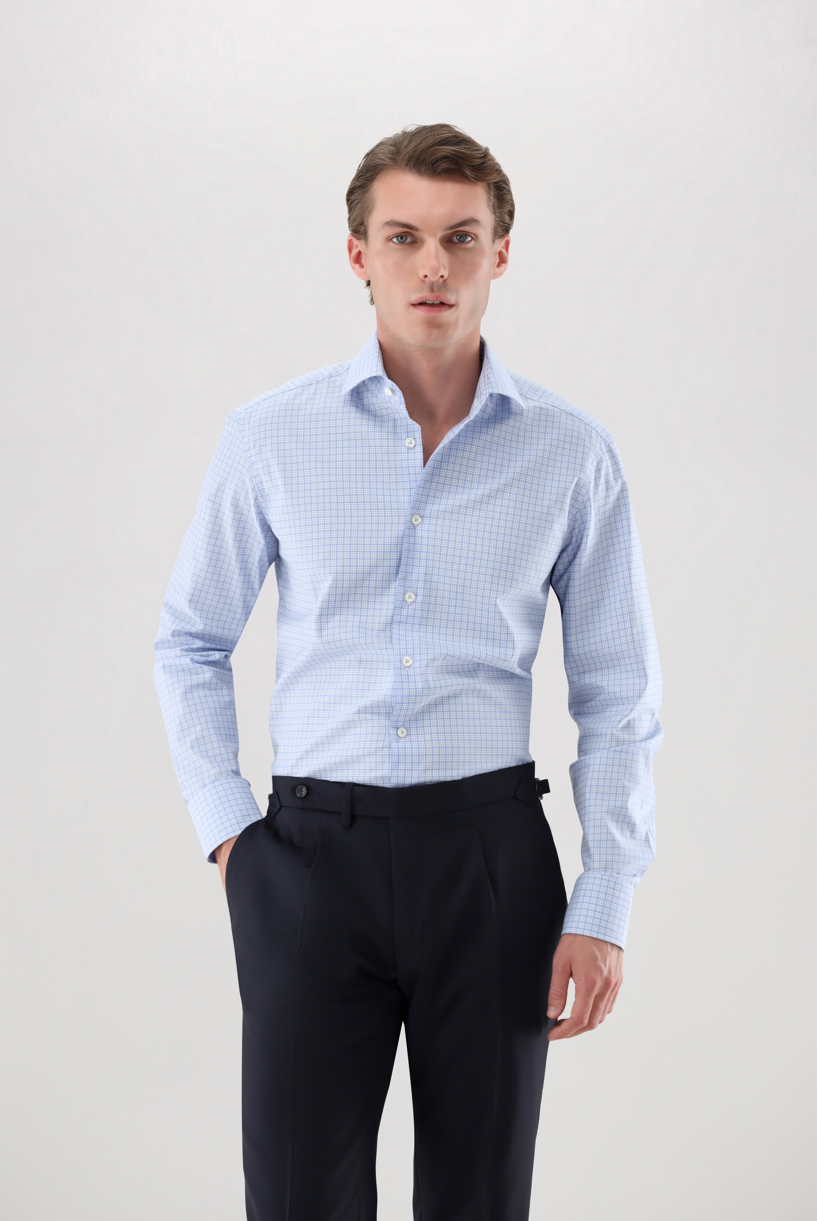 Wrinkle free Business shirt checked with shark collar