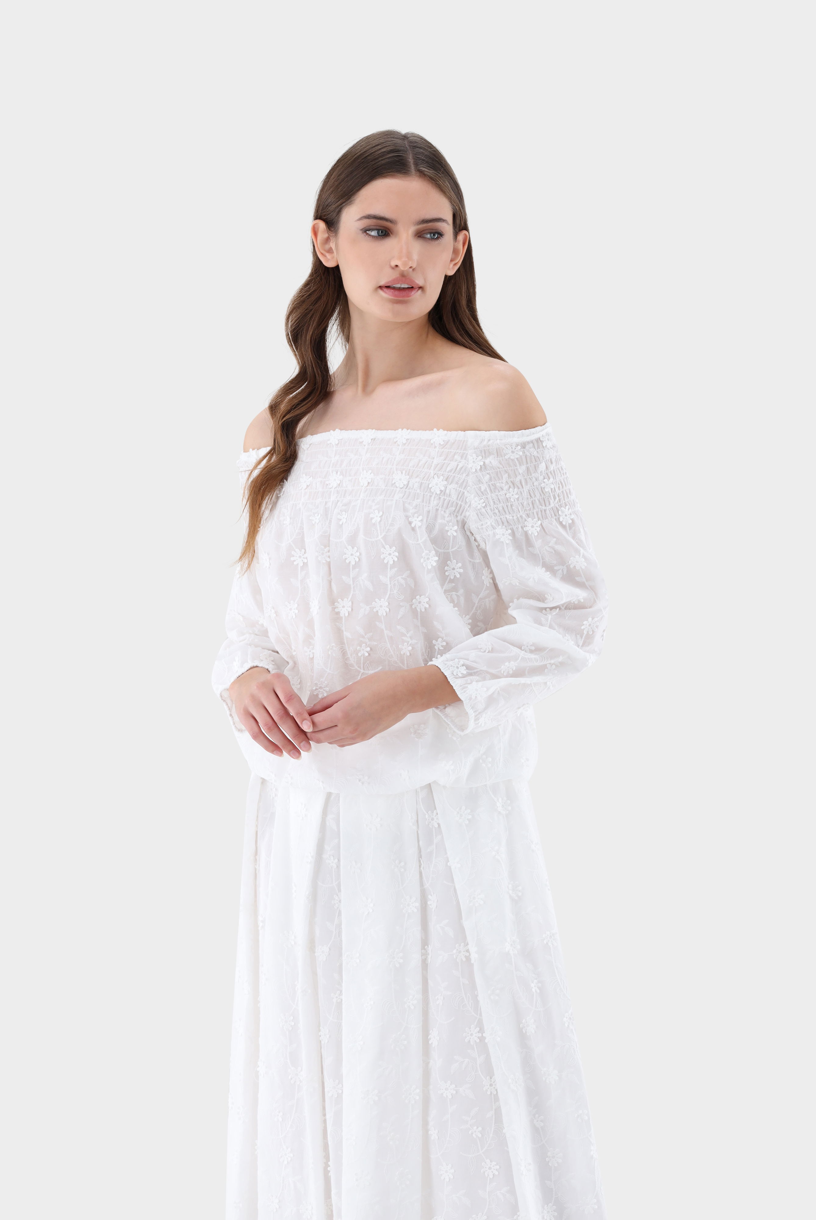 Off-Shoulder Carmen Blouse with Flower Embroidery