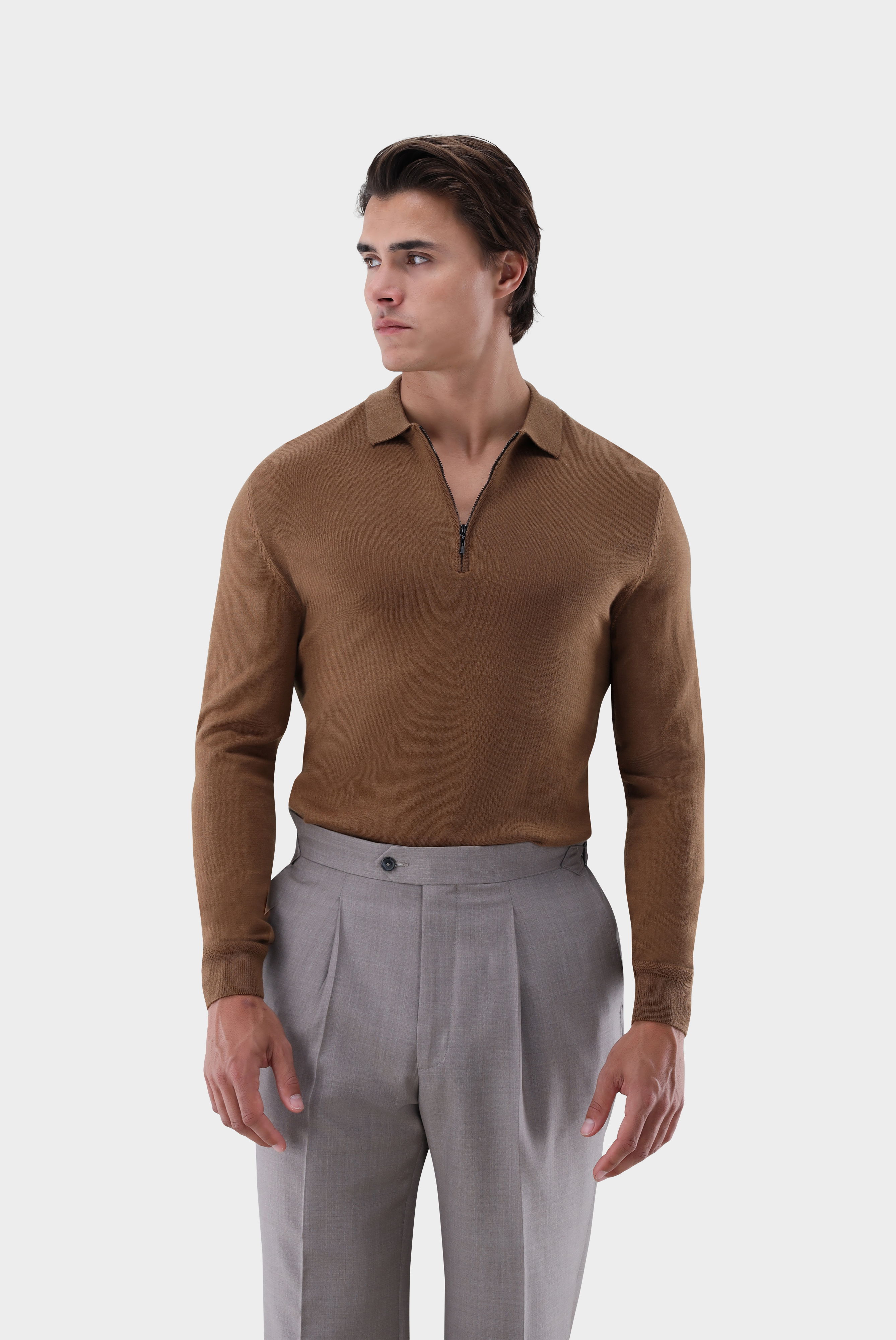 Poloshirt Langarm mit Reißverschluss aus merzerisierter Wolle