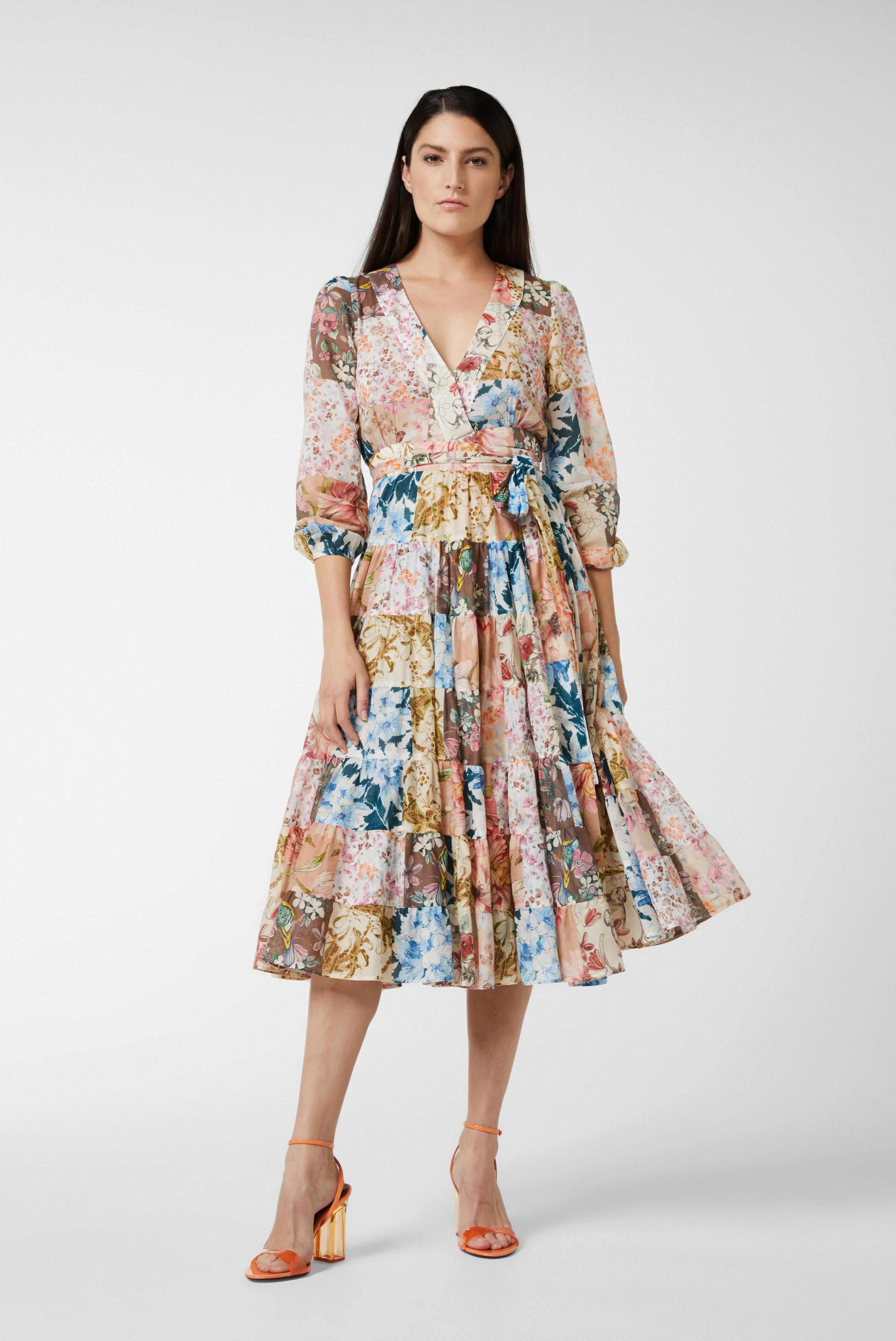 Dresses & Skirts+Midi wrap dress with puff sleeves and floral patchwork print+05.657A.52.P70157.115.36