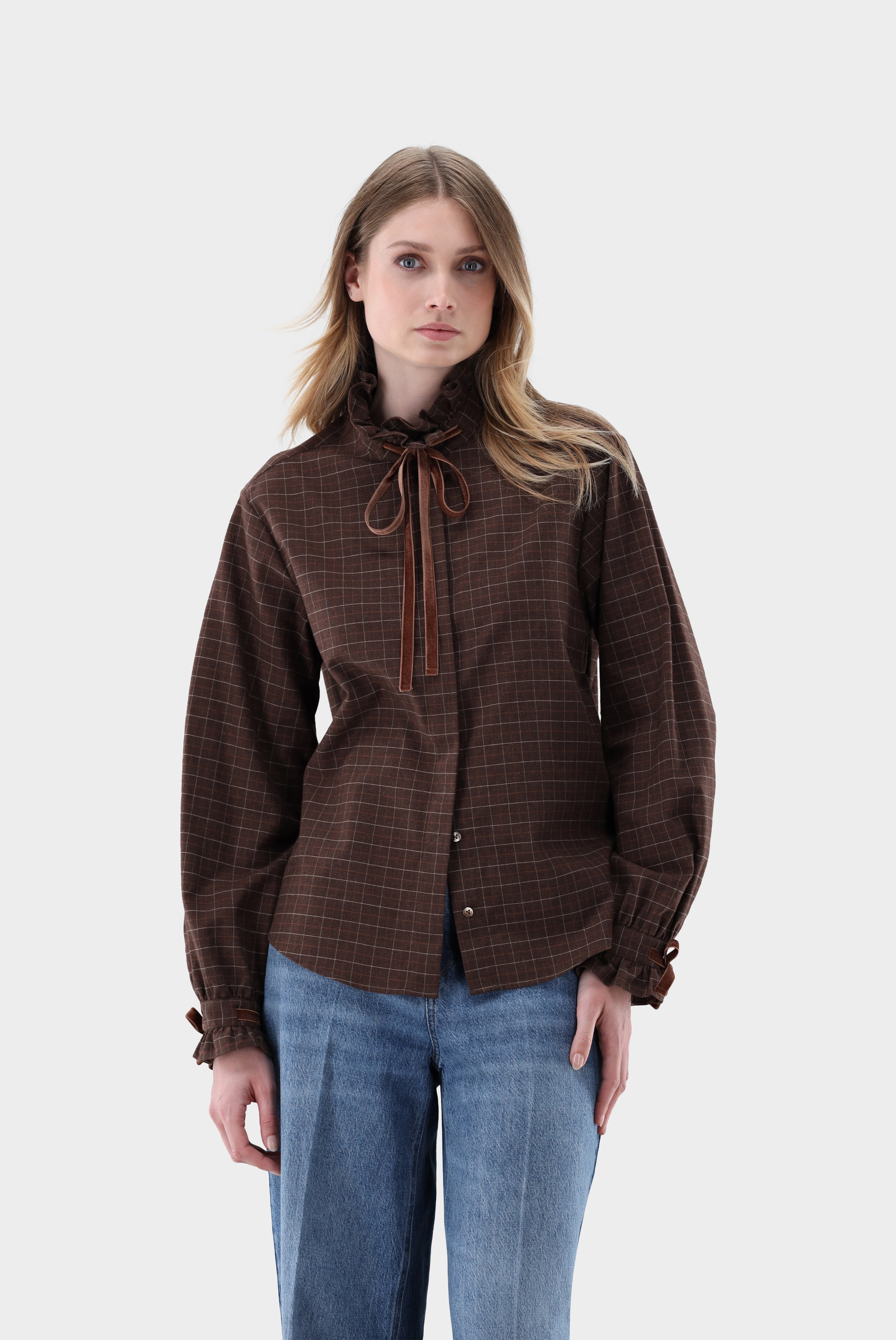 Checked flannel blouse with ruffled stand-up collar