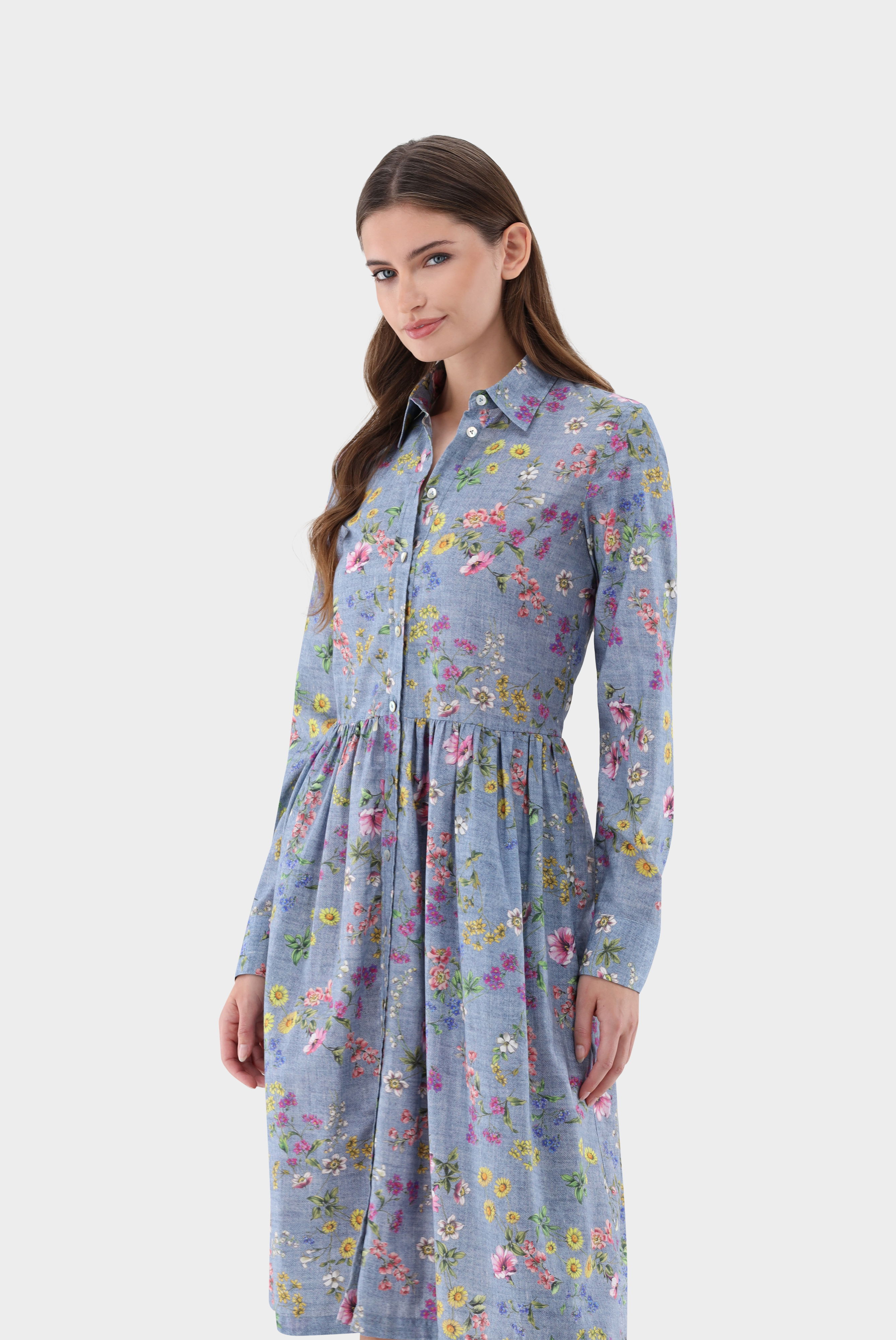 Midi-Hemdblusenkleid mit Jeans-Blumen-Druck