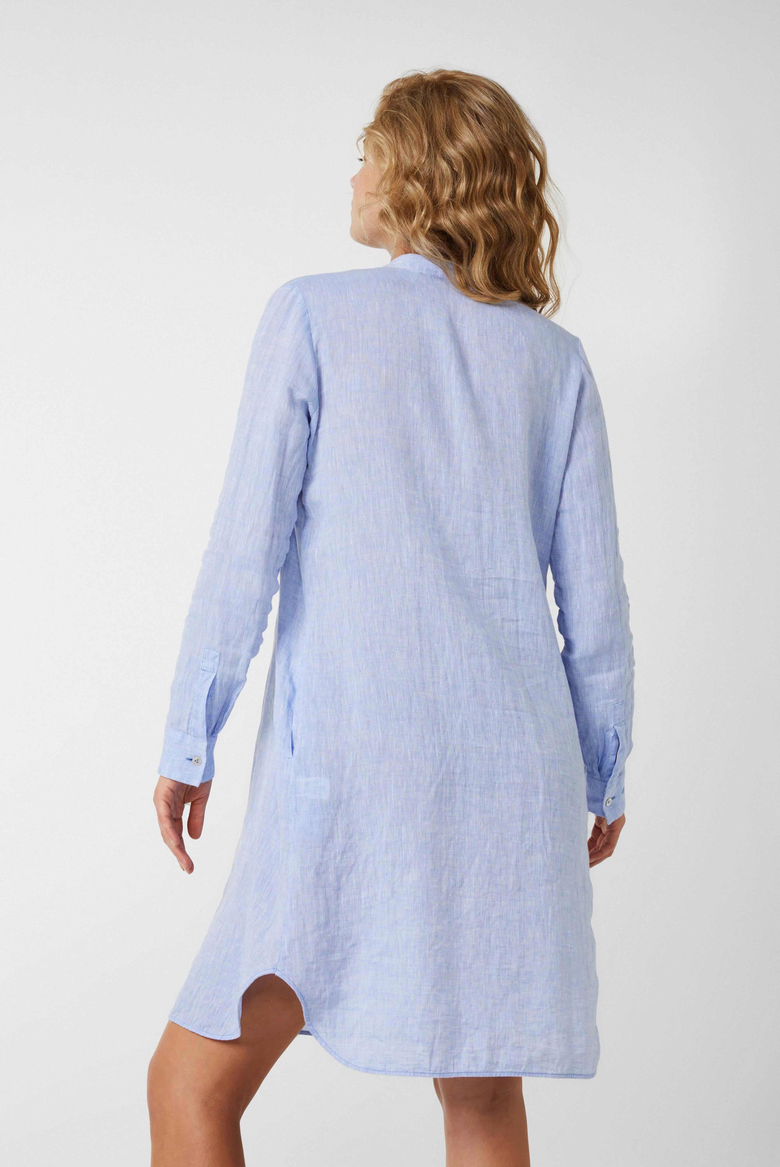 Dresses & Skirts+Knee-length dress with stand-up collar and ruffles made of linen+05.657K.2L.155038.710.32