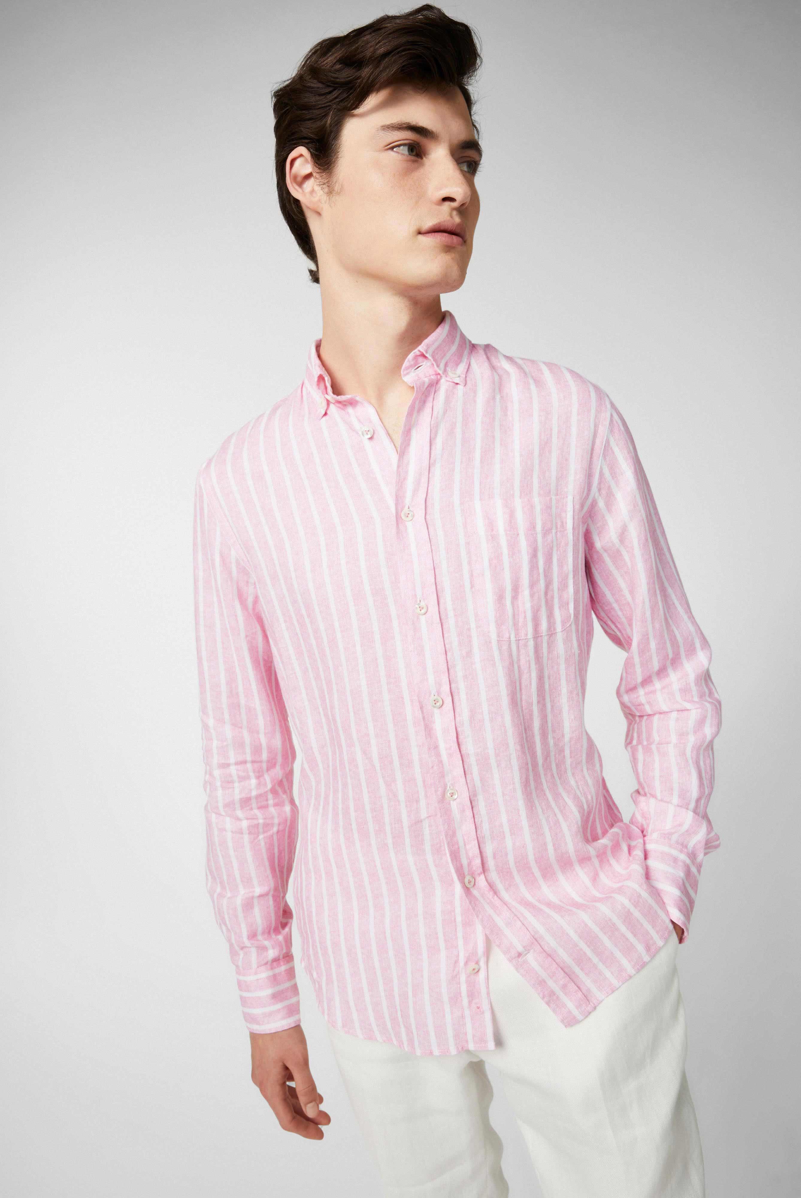 Casual Shirts+Linen button-down hem with stripe printred+20.2013.MB.170238.530.38