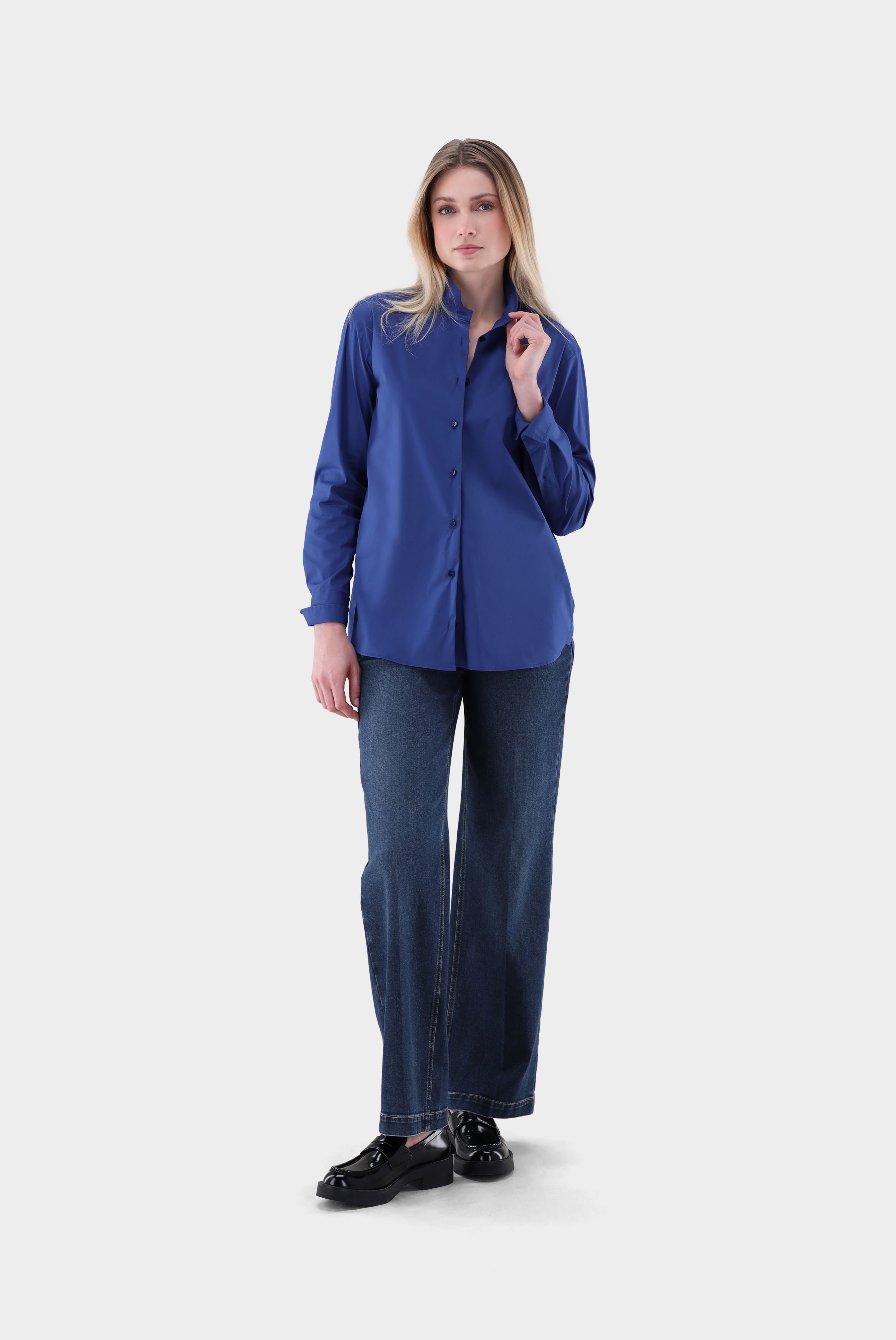 Lockere Bluse mit hohem Stehkragen und Stretch günstig online kaufen