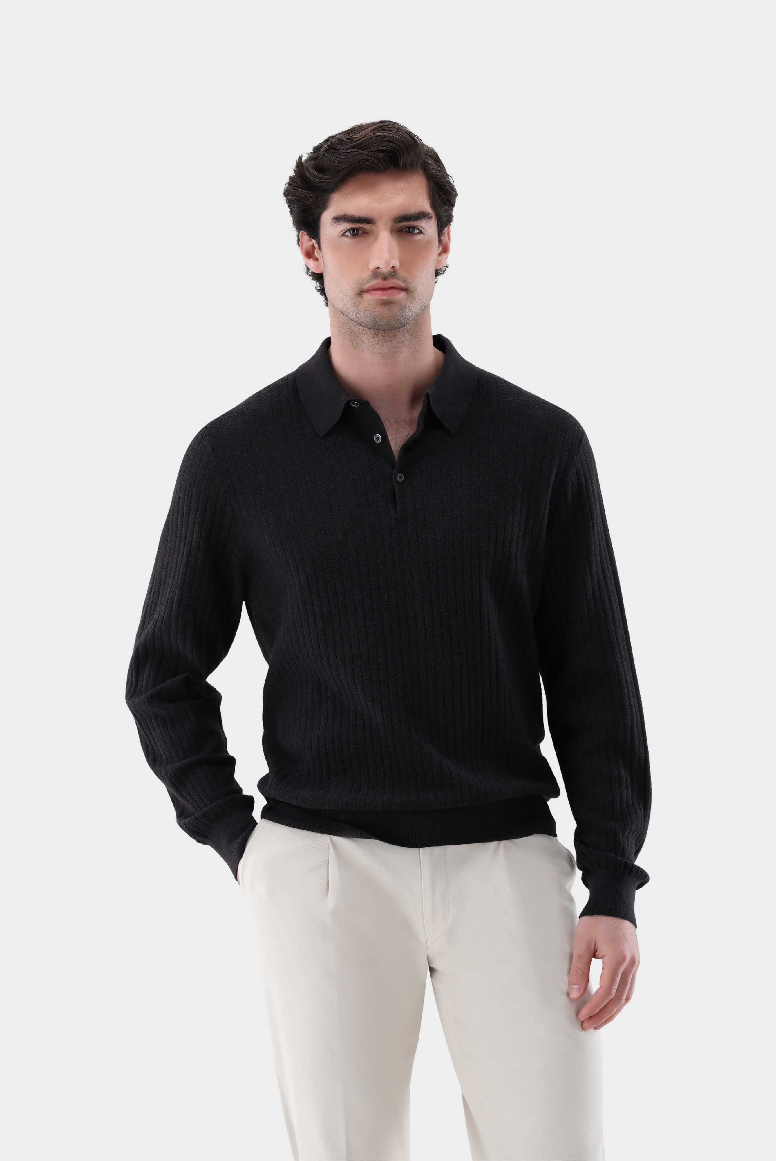 Herringbone knit polo in cotton and silk