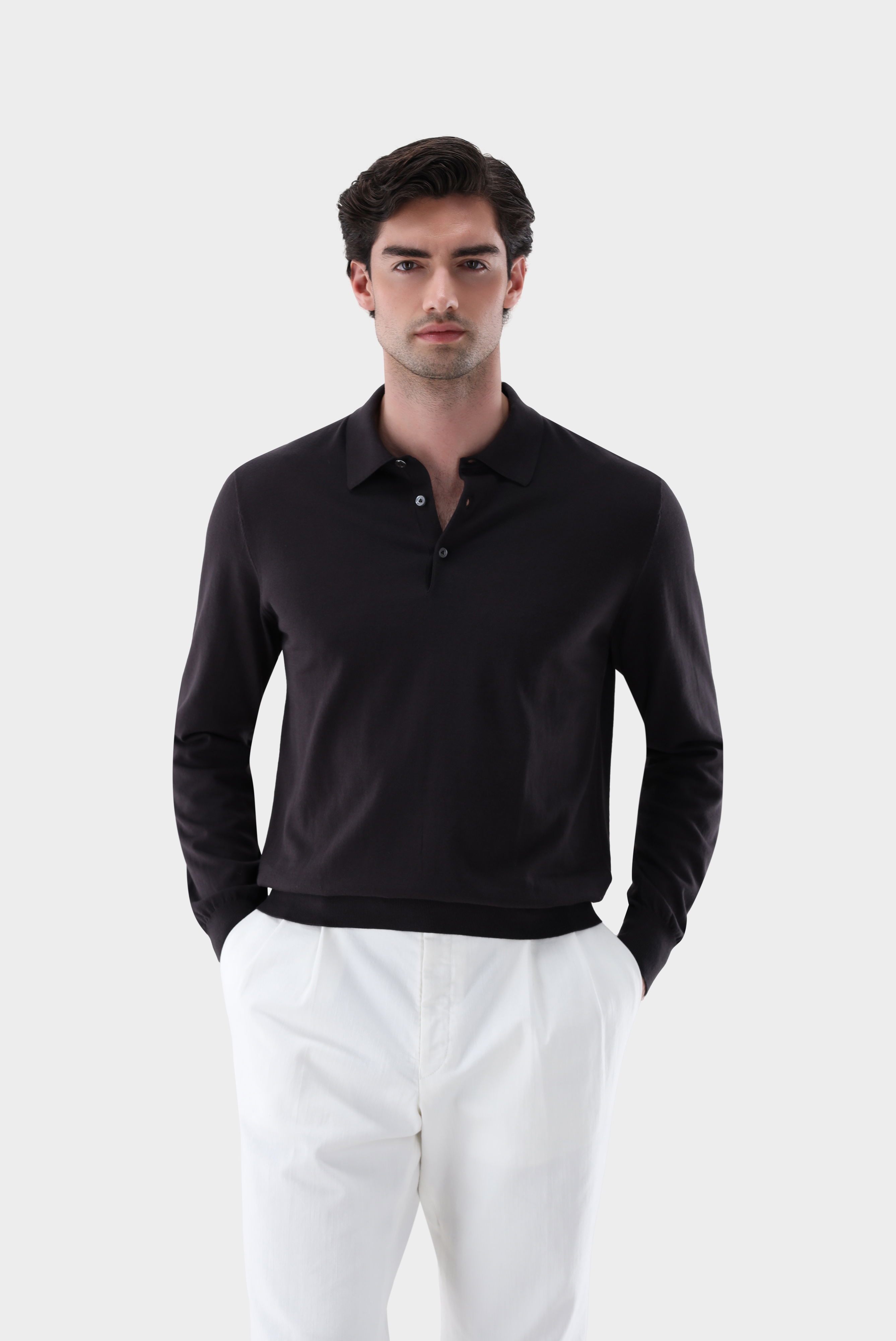 Langarm Strick-Poloshirt mit Baumwolle und Seide