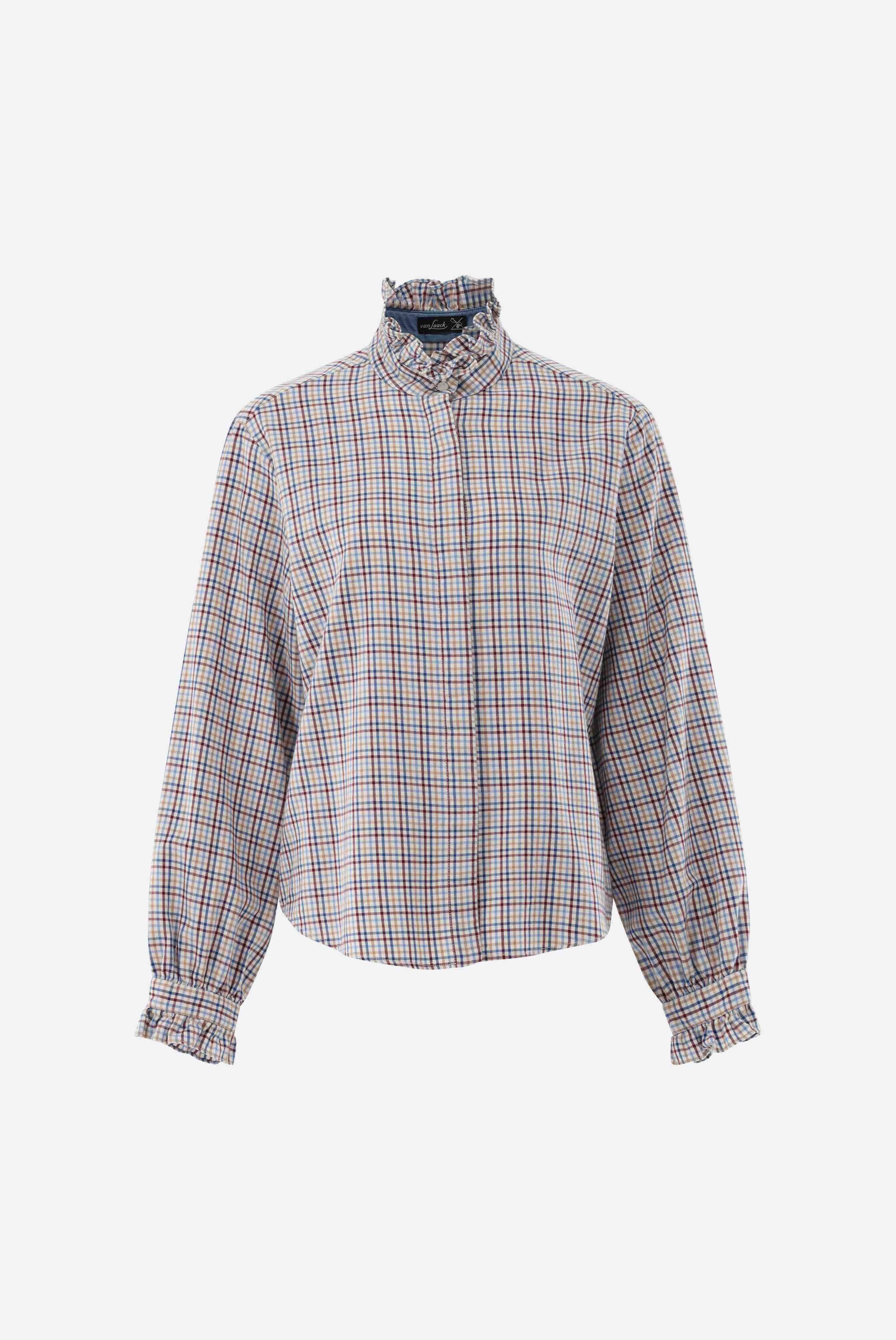 Checked flannel blouse with ruffled stand-up collar