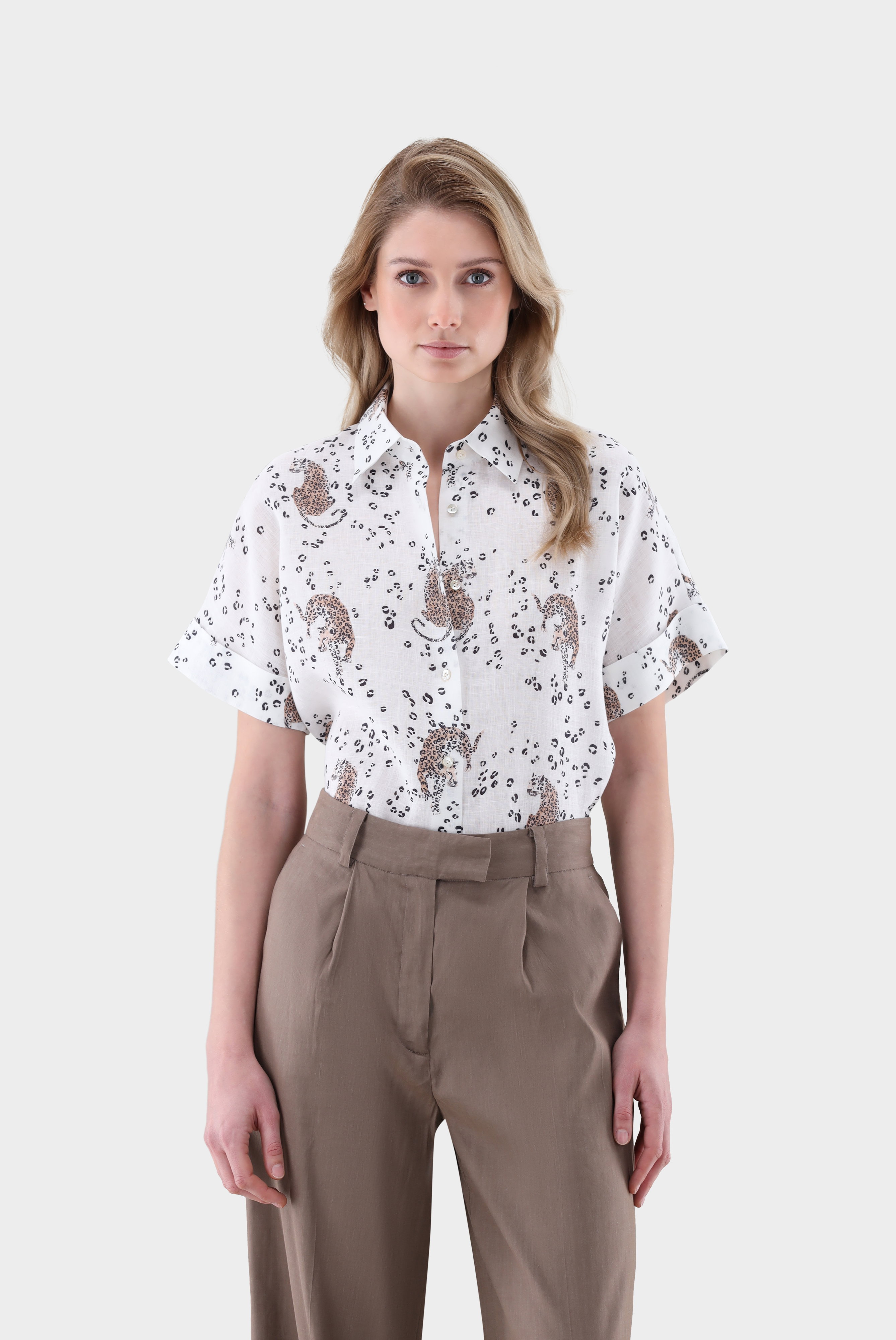Kurzarm Hemdbluse aus Leinen mit Print