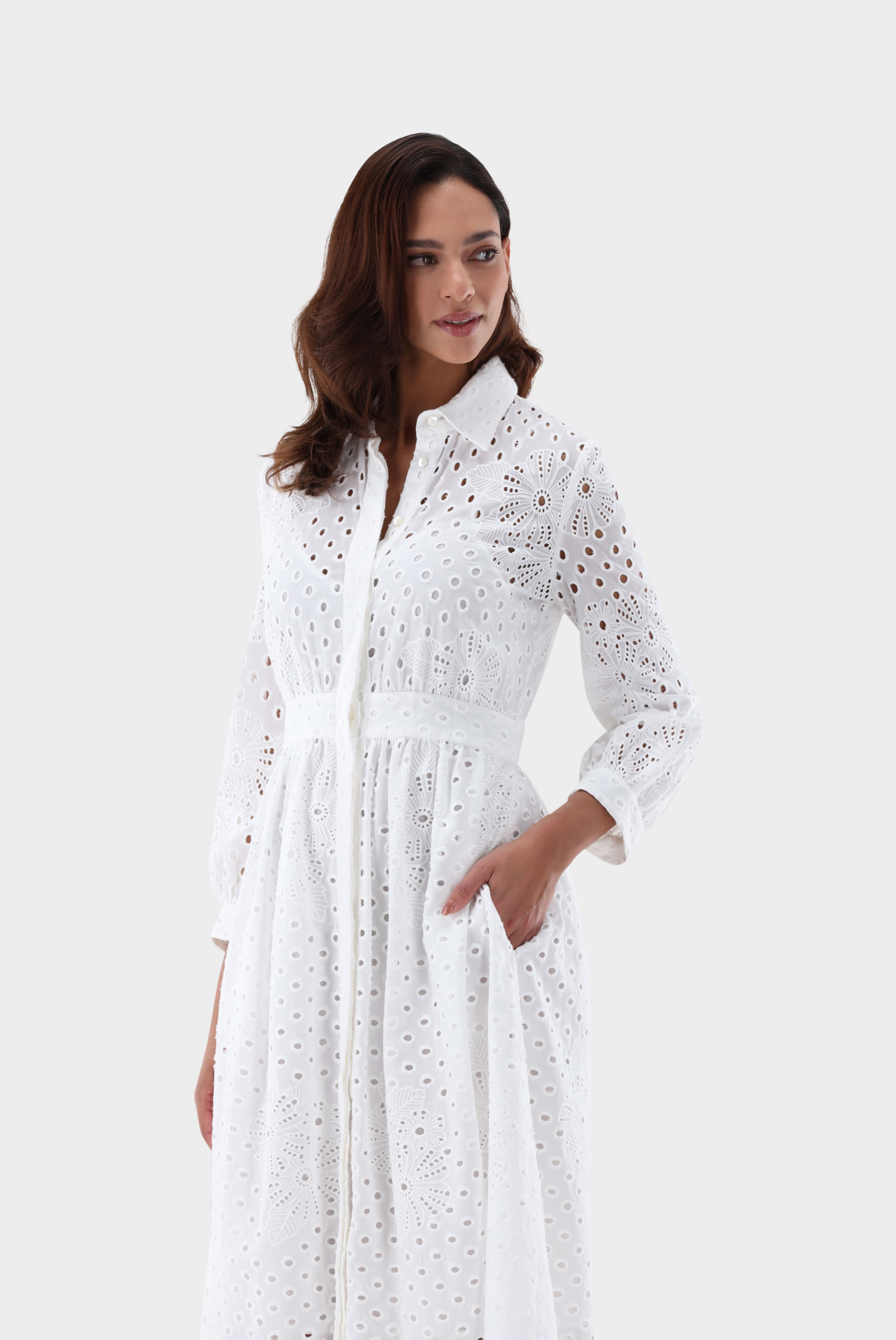 Midi-Hemdblusenkleid mit Lochstickerei