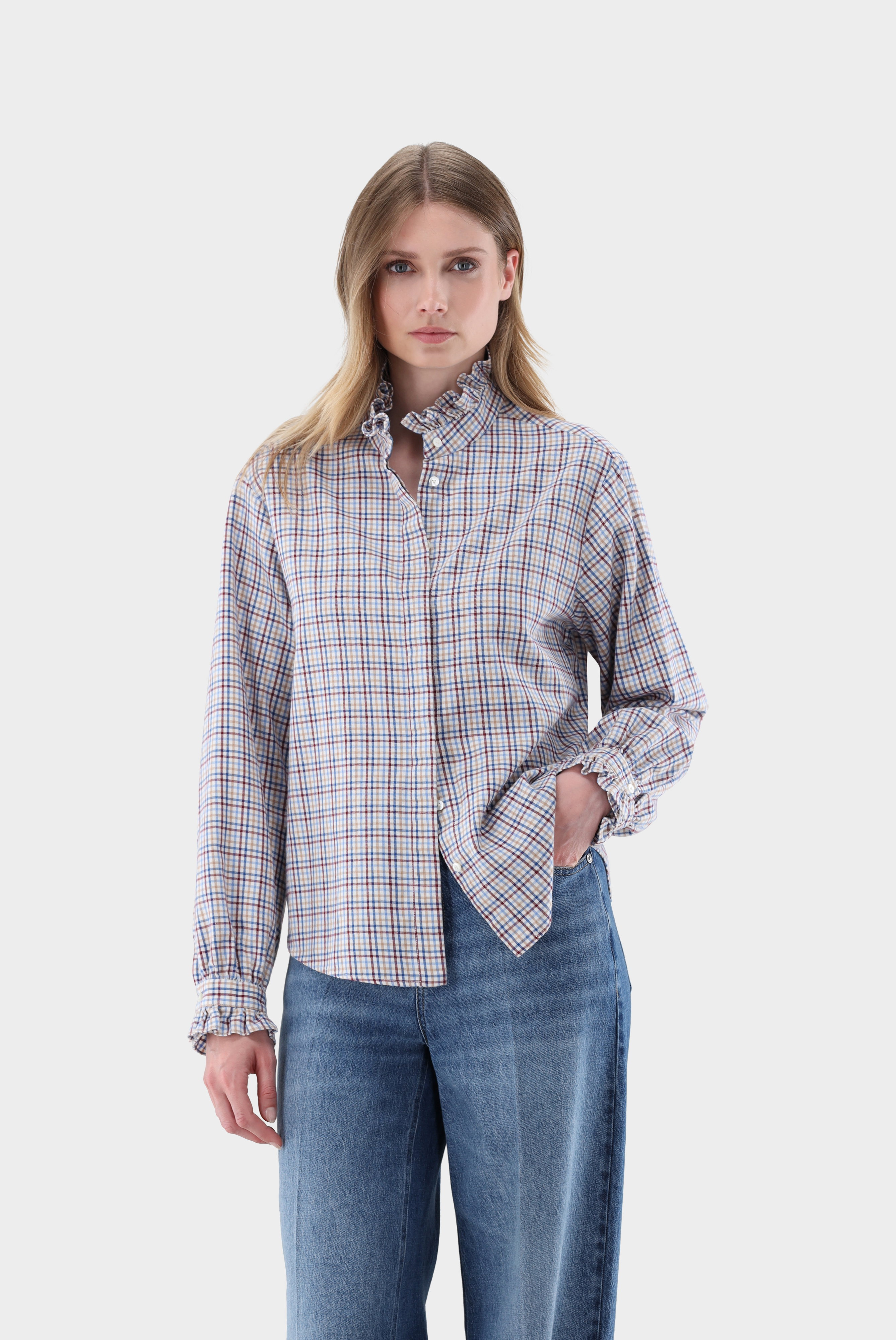 Checked flannel blouse with ruffled stand-up collar
