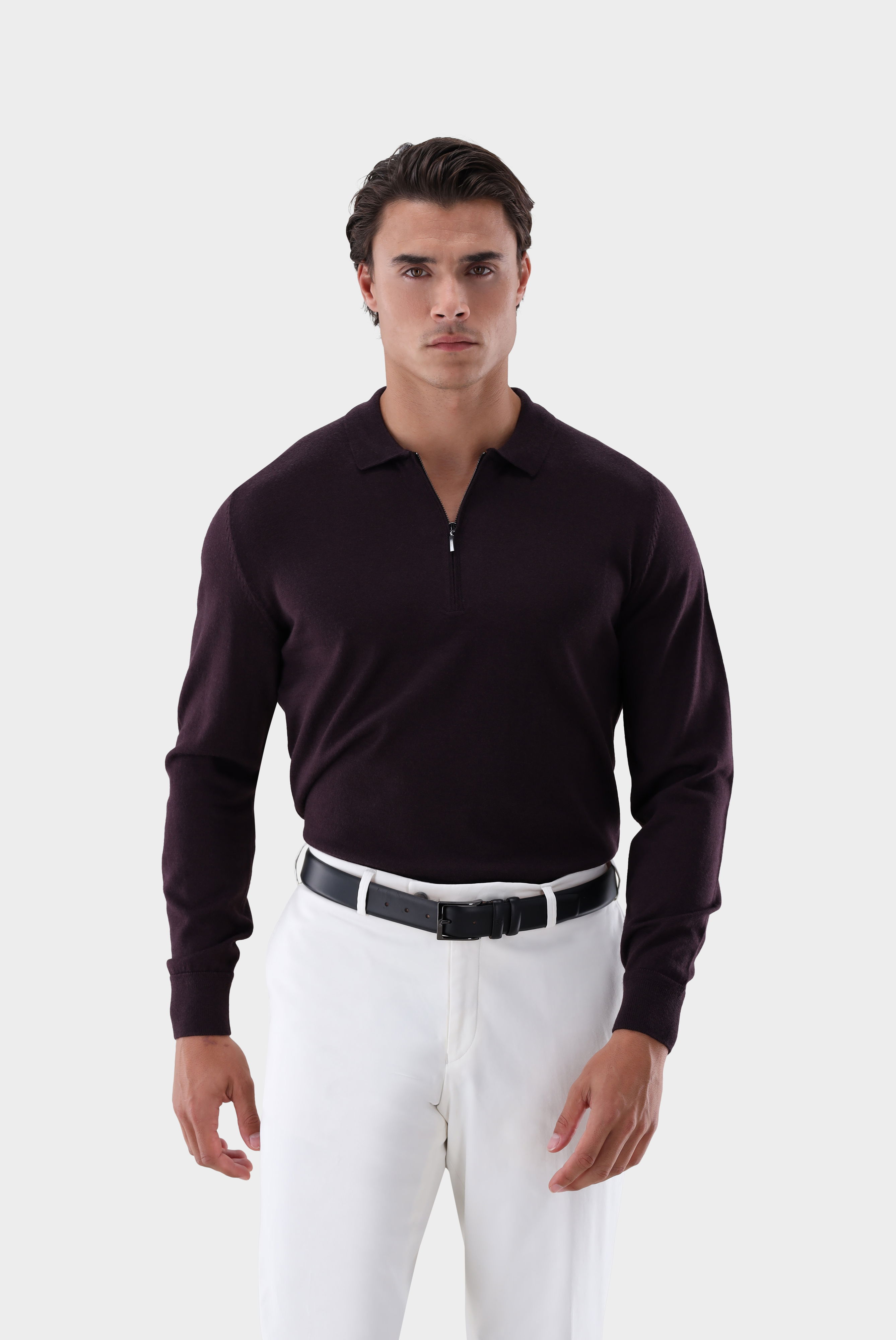 Poloshirt Langarm mit Reißverschluss aus merzerisierter Wolle