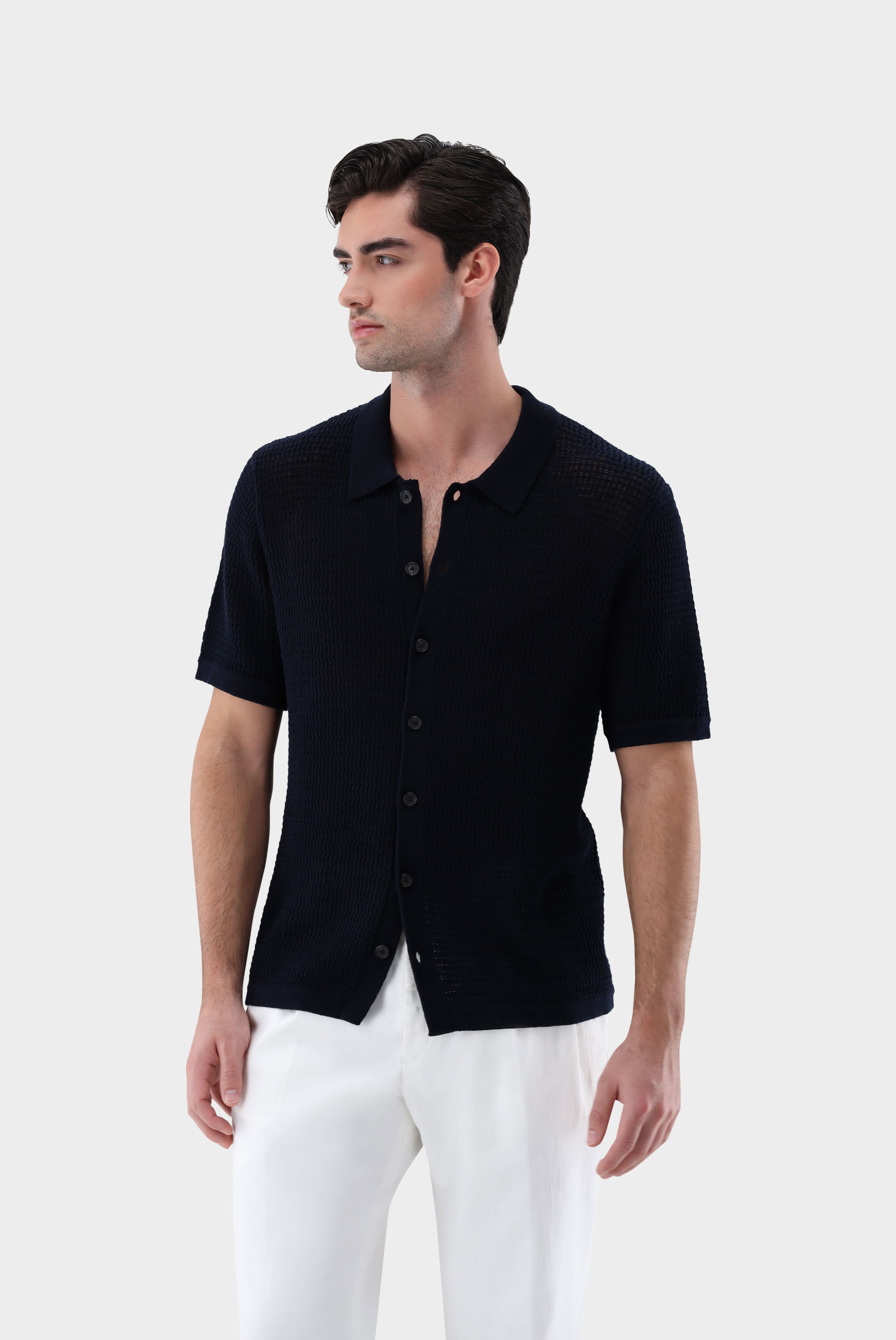 Häkel-Strickhemd mit Kurzarm aus Kaschmir und Baumwolle