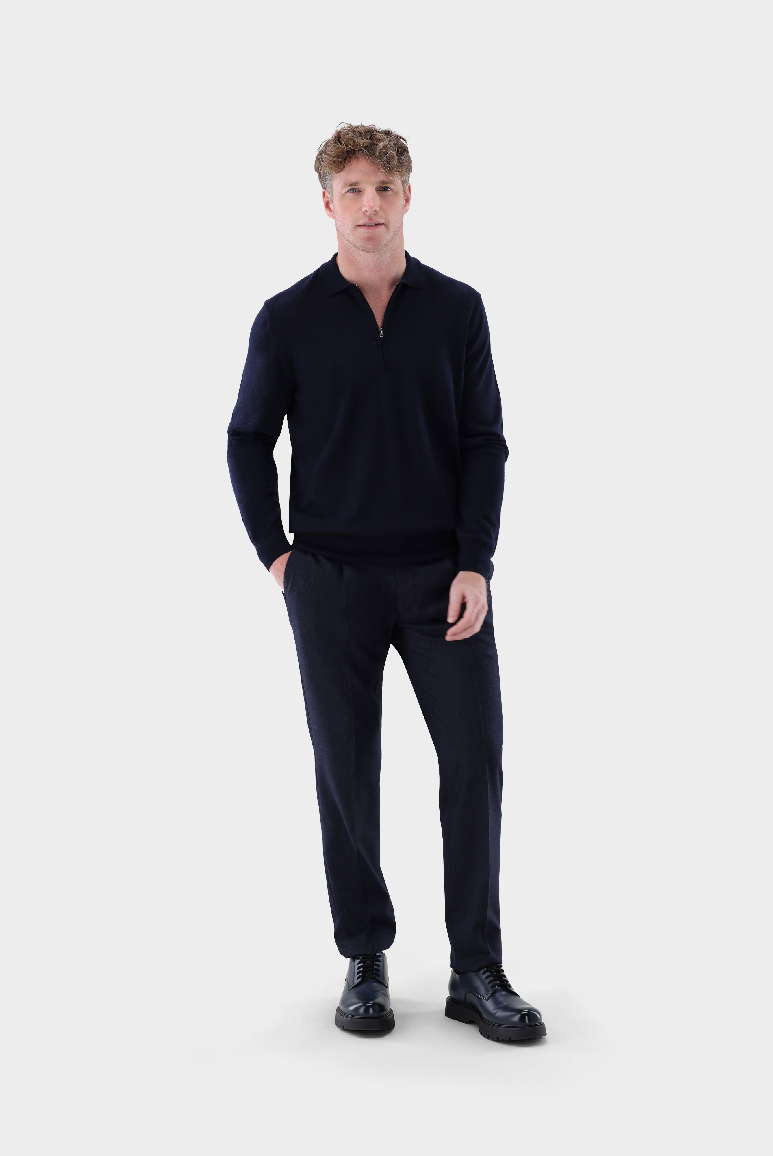 Poloshirt Langarm mit Reißverschluss aus merzerisierte Wolle günstig online kaufen