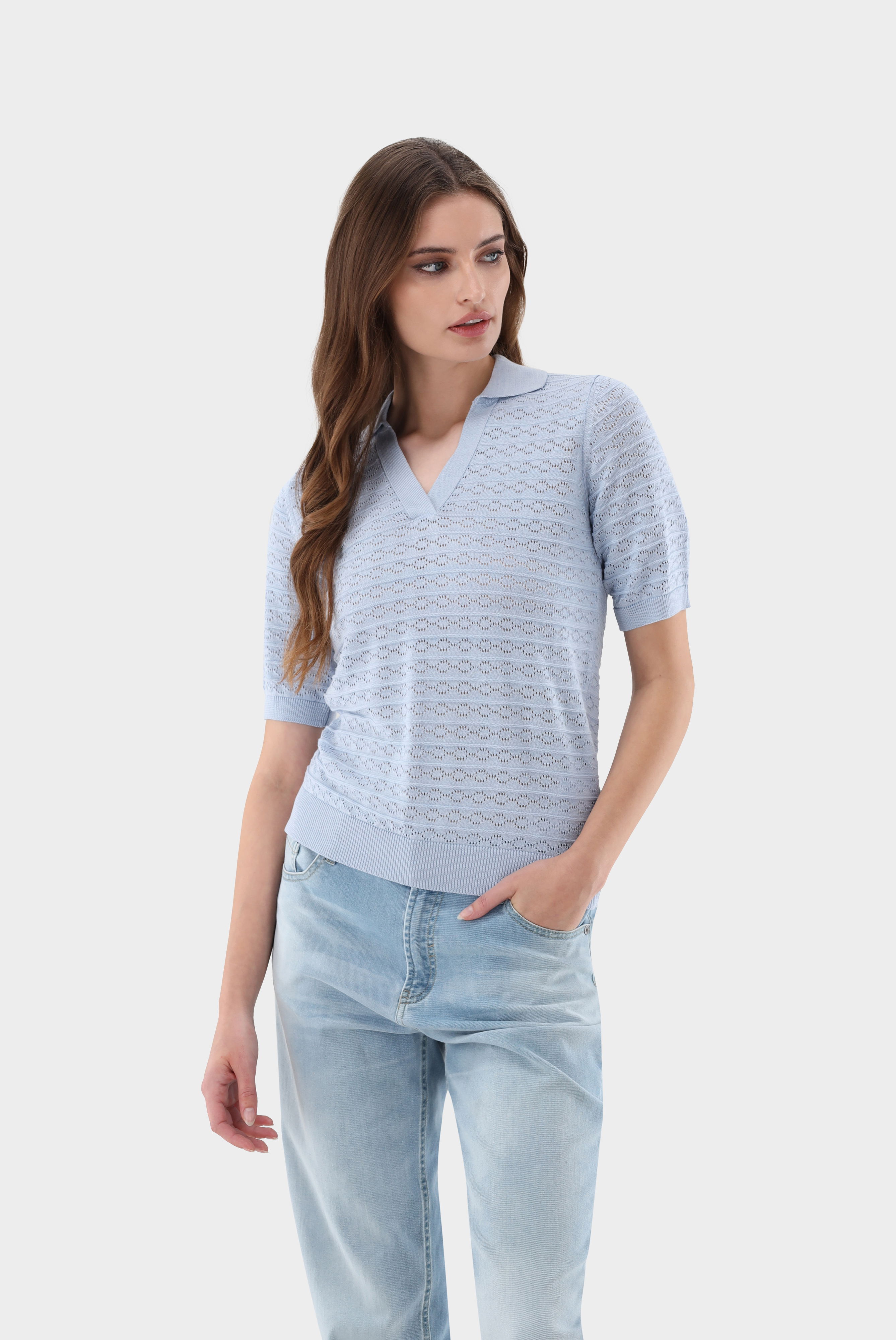 V-Polo gestreift mit Ajourmuster aus Air Cotton