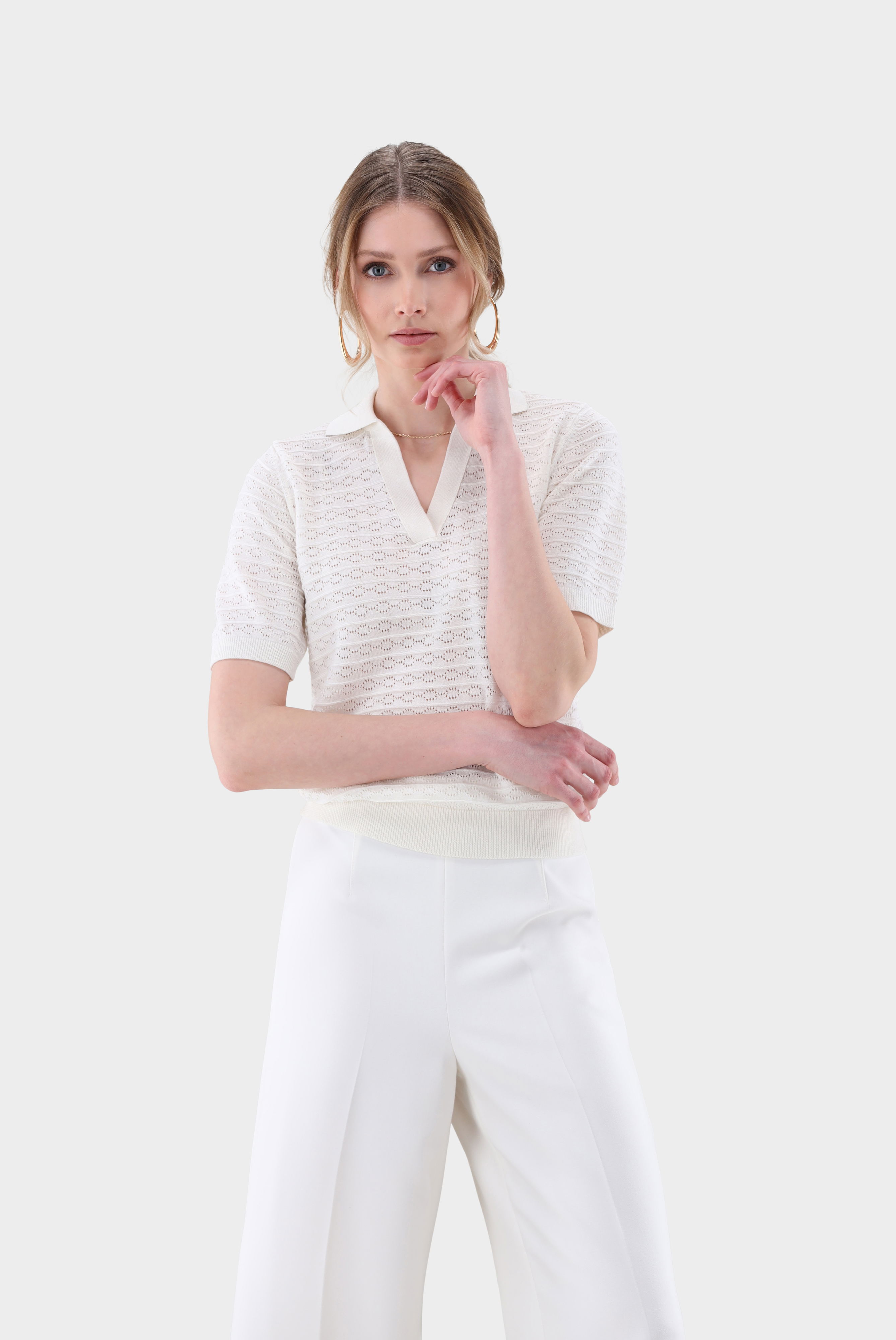 V-Polo gestreift mit Ajourmuster aus Air Cotton