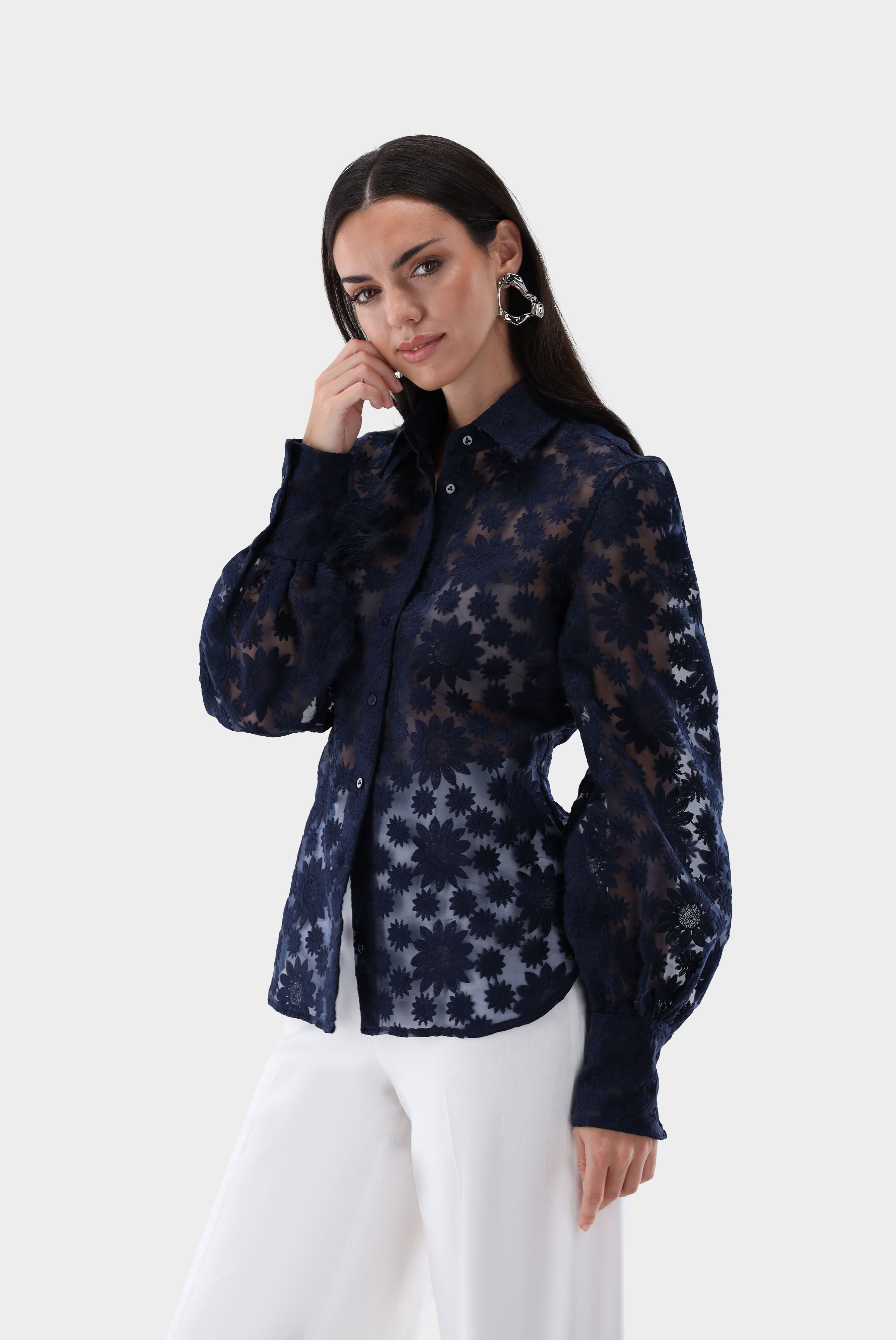 Hemdbluse mit Blousonärmeln und besticktem Organza