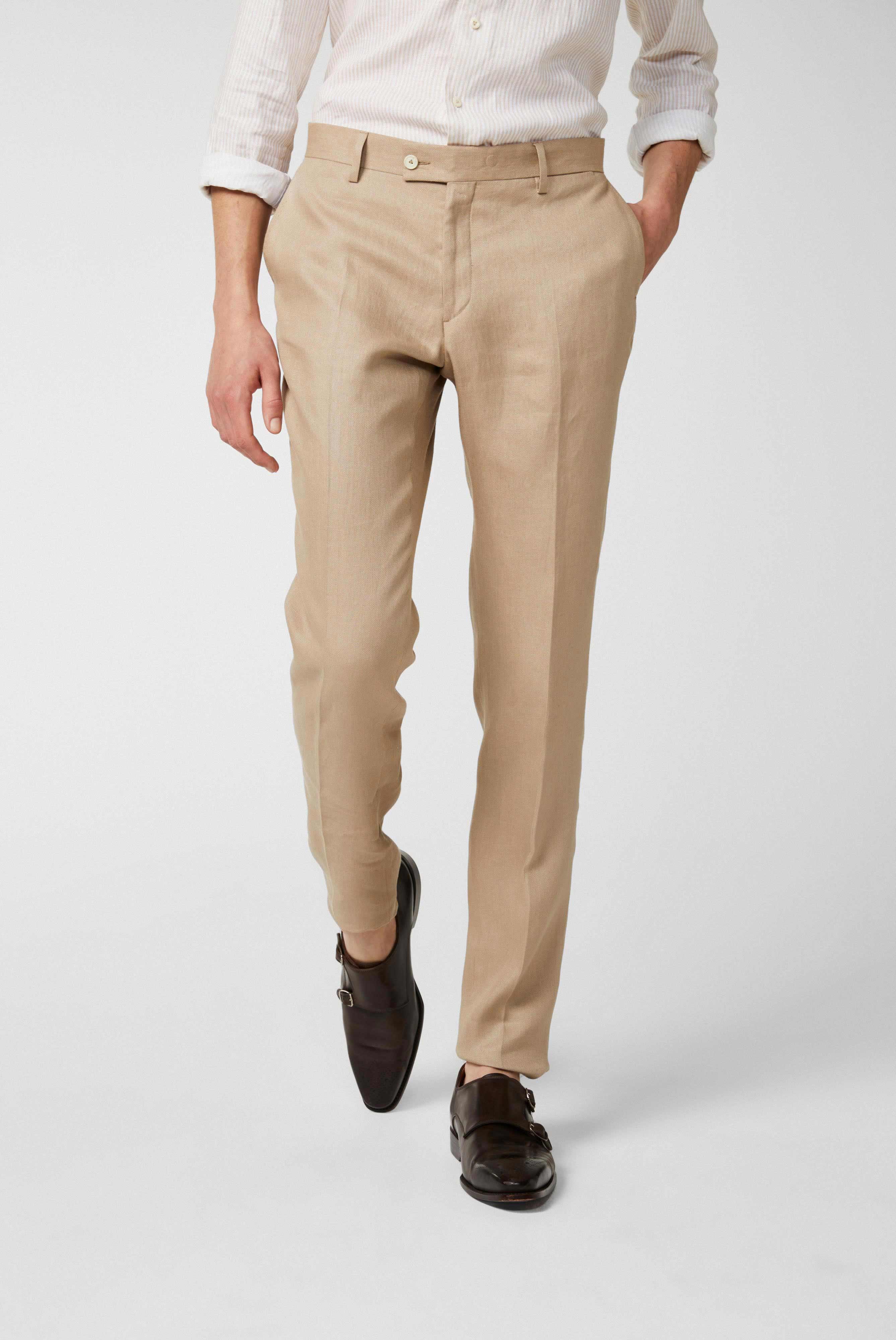 Slim-fit trousers in textured linen fabric beige