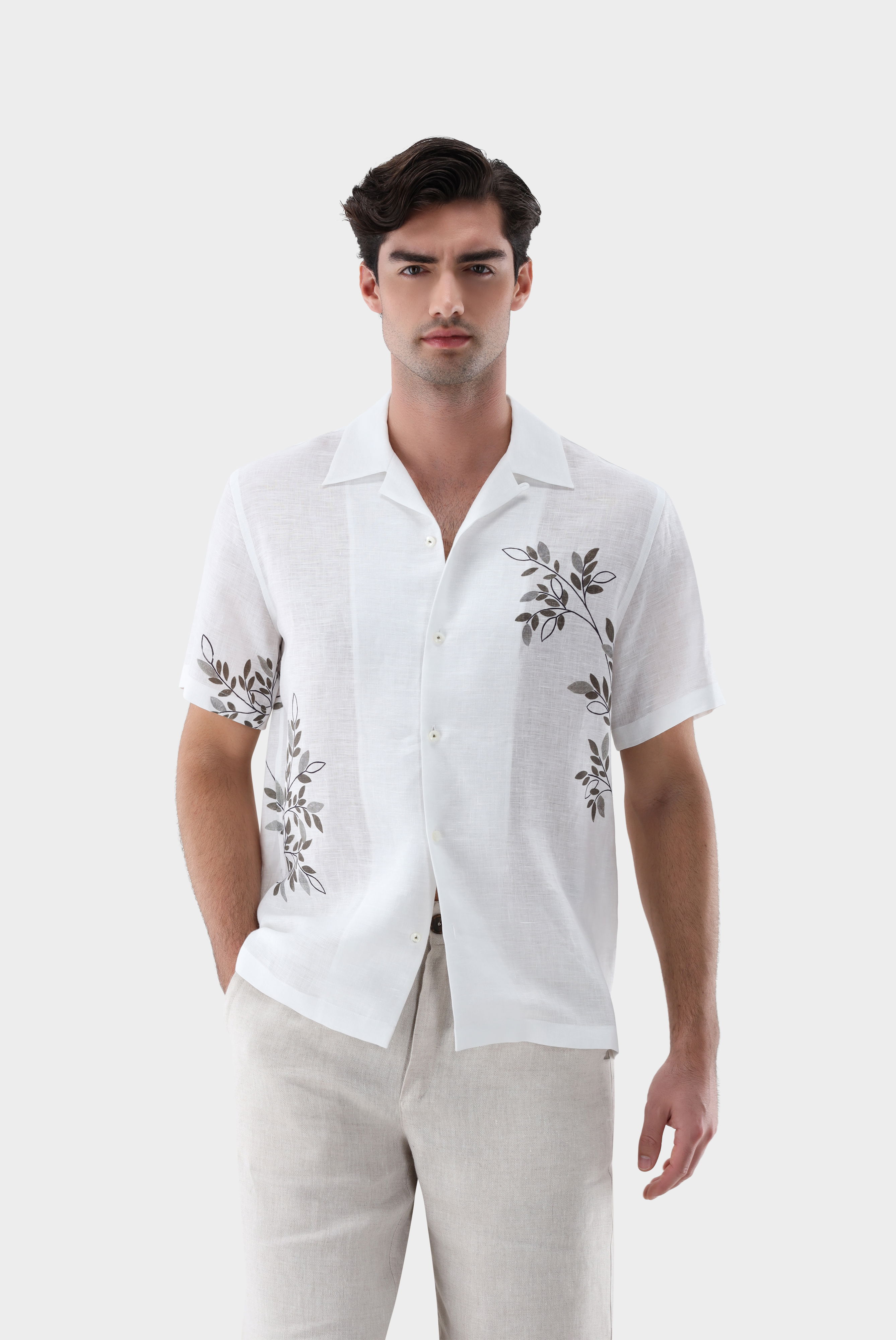 Short-sleeved bowling shirt in linen with print