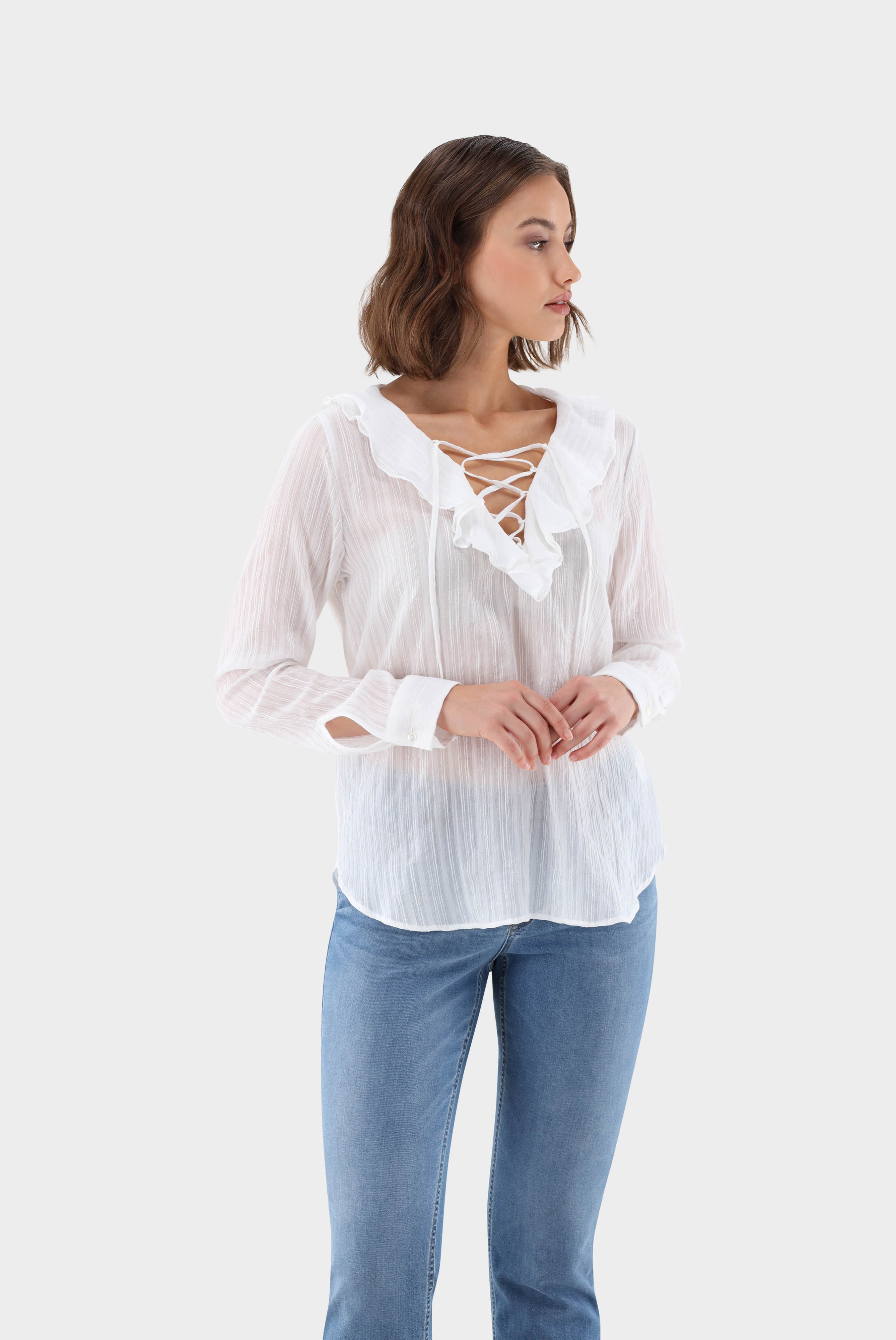 Jacquard blouse with ruffles at front