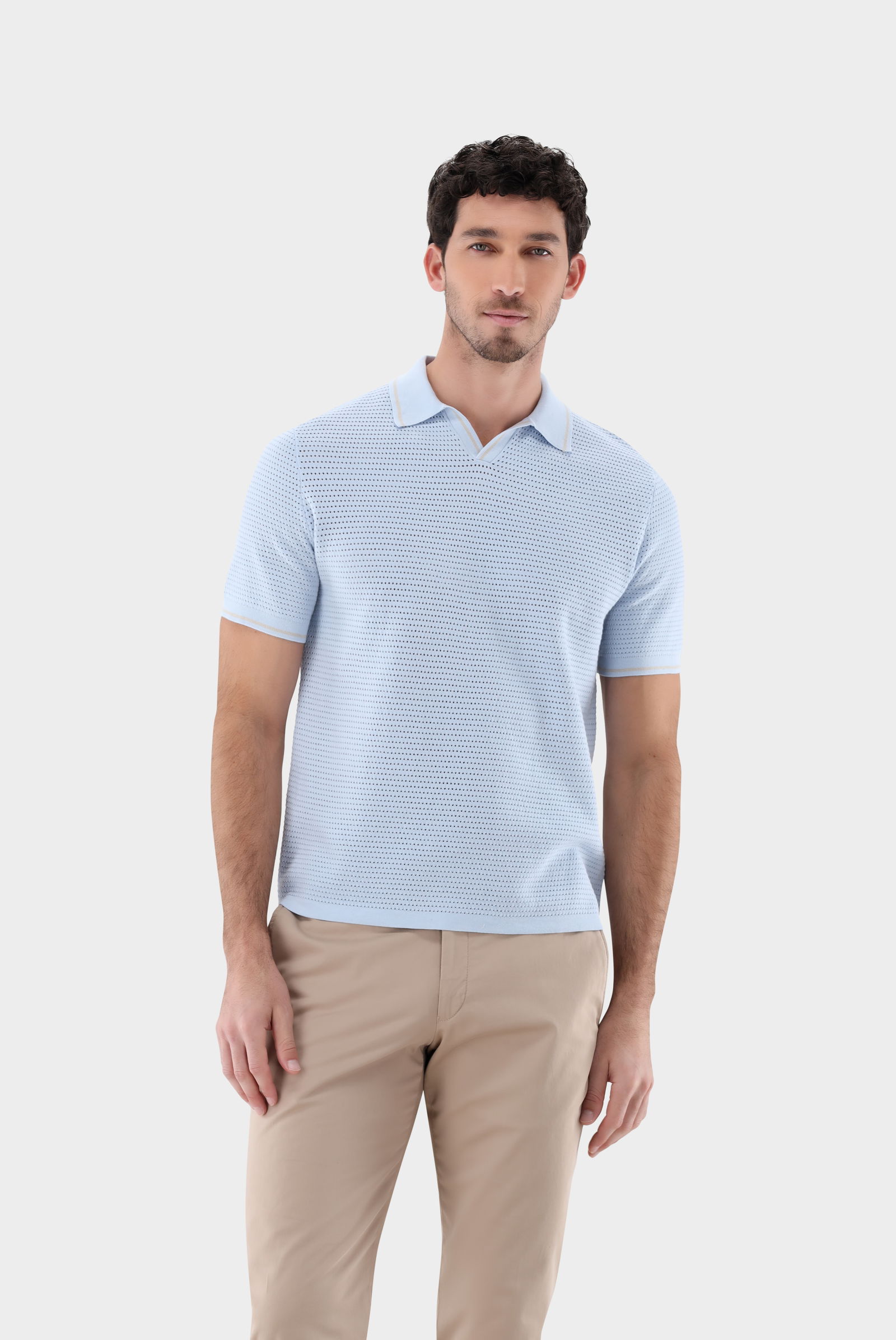 V neck polo in mesh structure with contrast collar van Laack