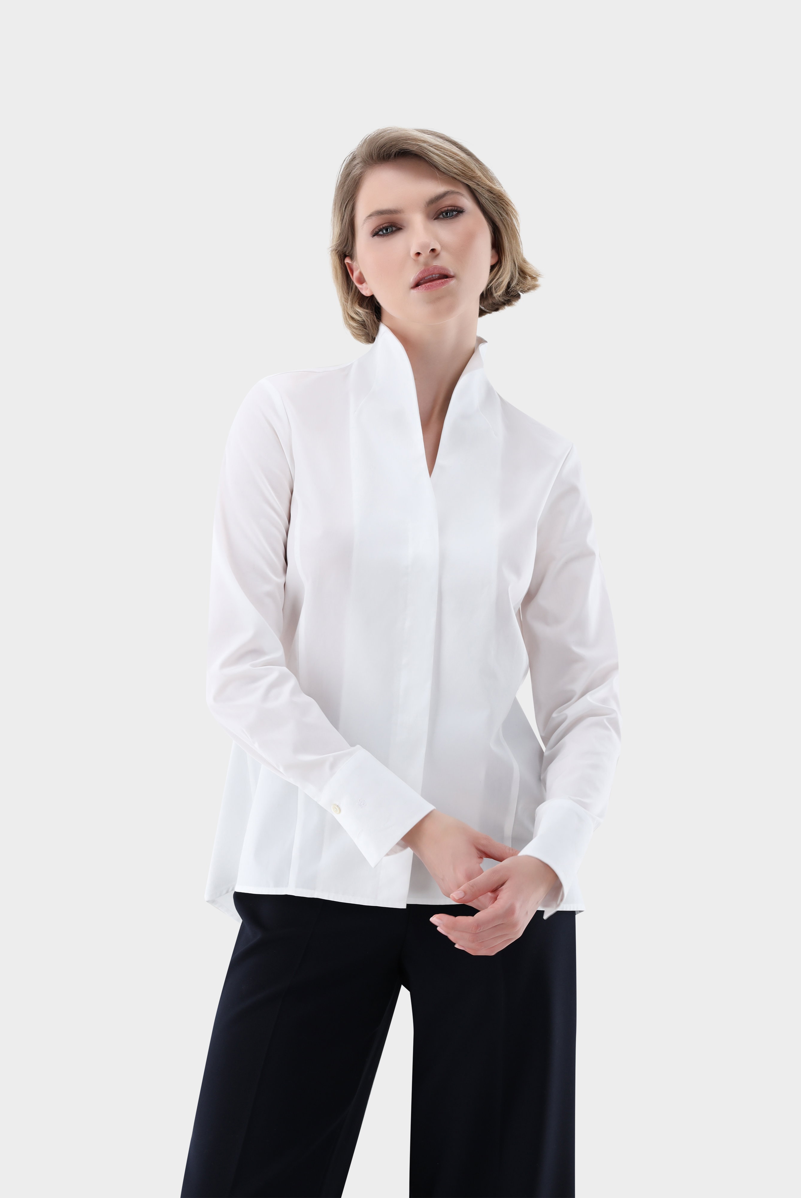 Fitted Poplin Blouse with Mandarin Collar