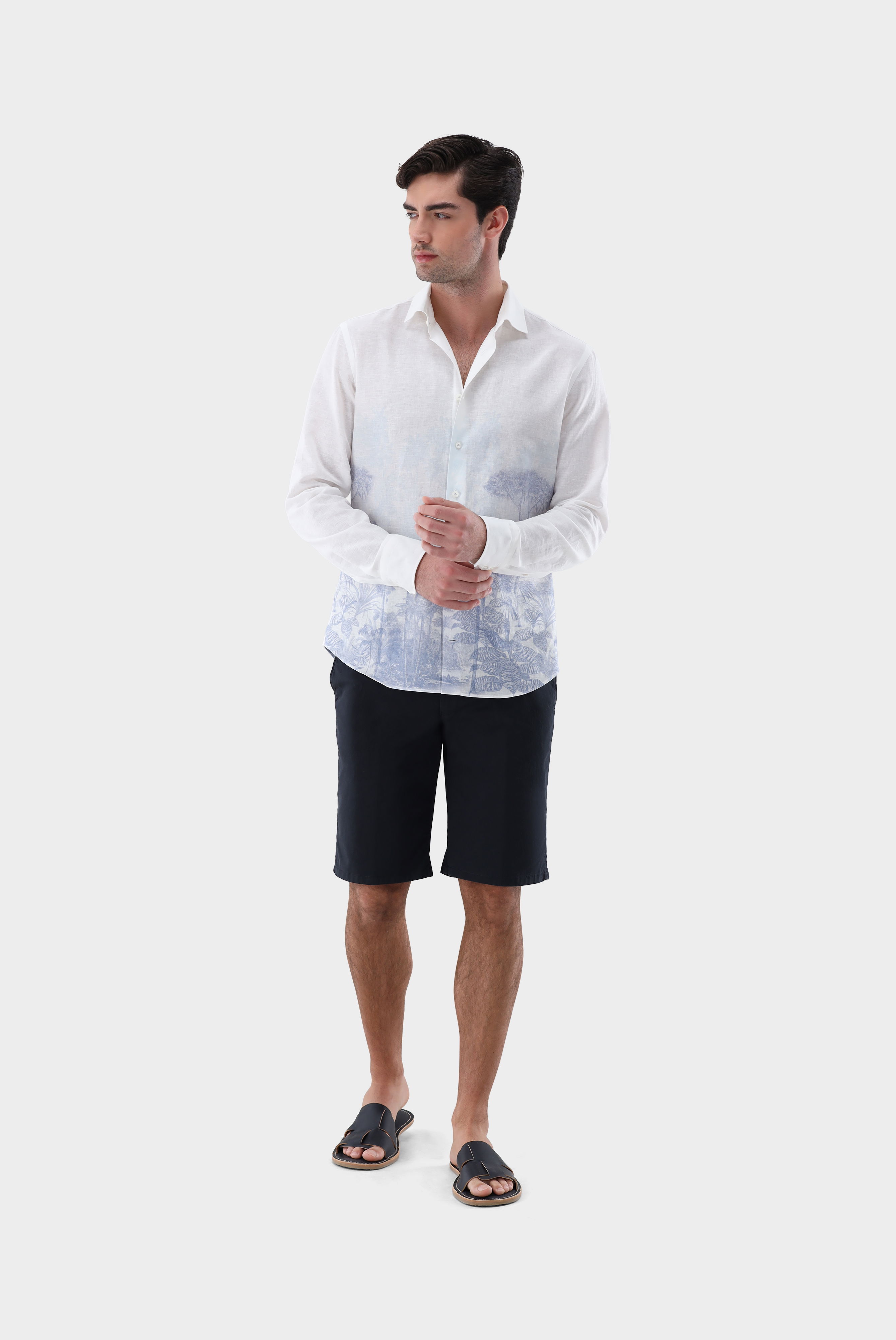 Leinenhemd mit platziertem Palmen-Druck günstig online kaufen