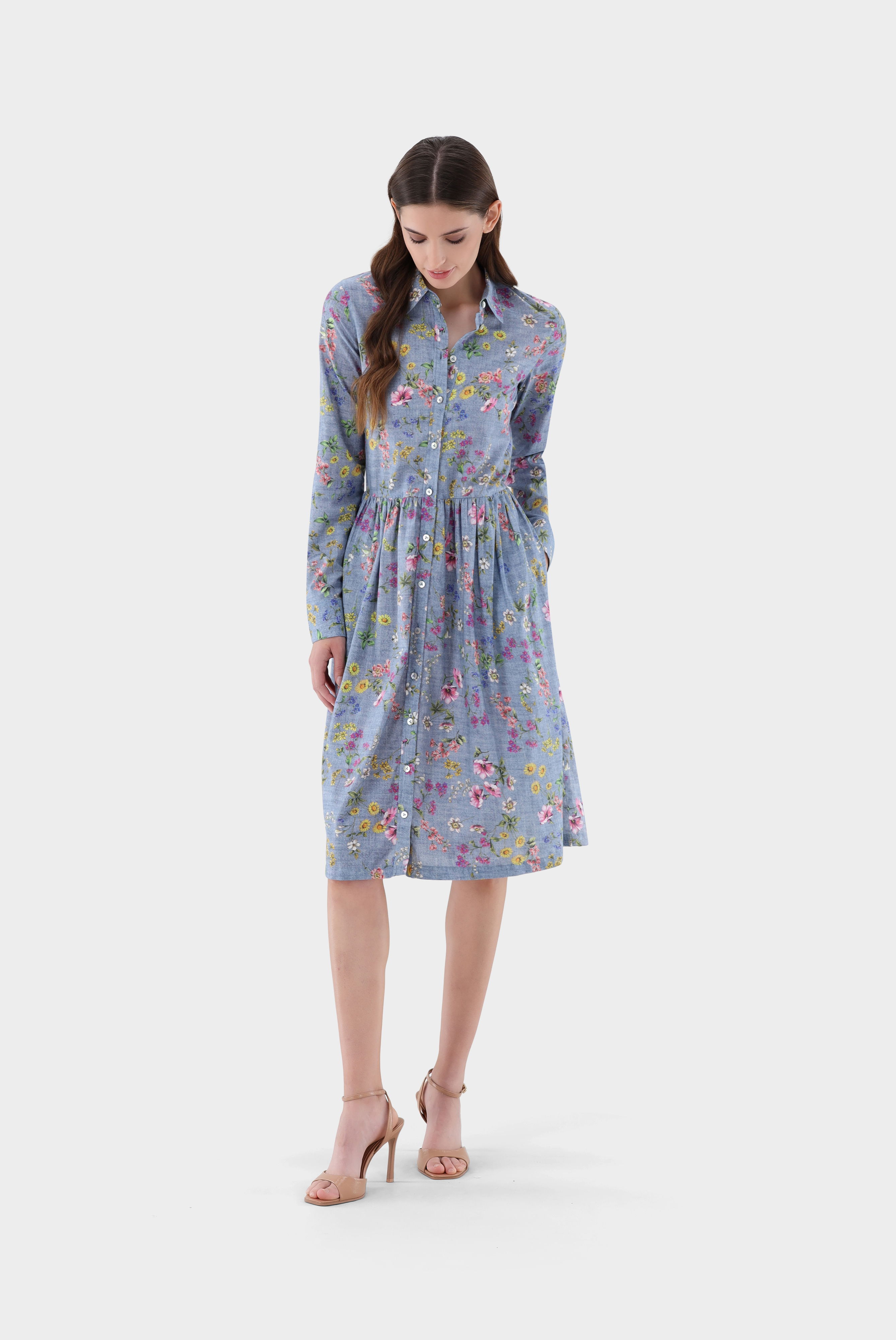 Midi-Hemdblusenkleid mit Jeans-Blumen-Druck günstig online kaufen