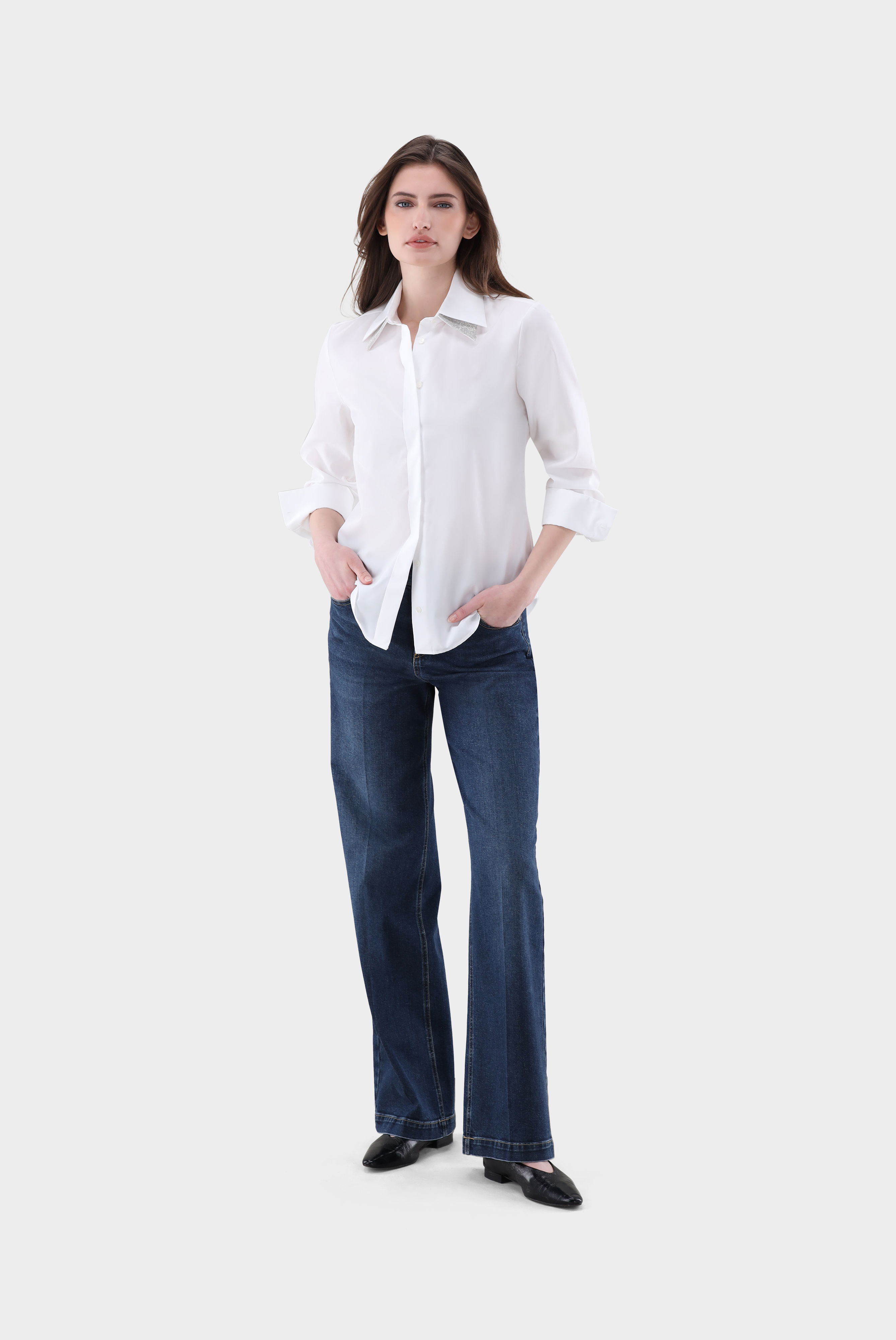 Bluse mit doppeltem Kragen und glänzenden Details günstig online kaufen