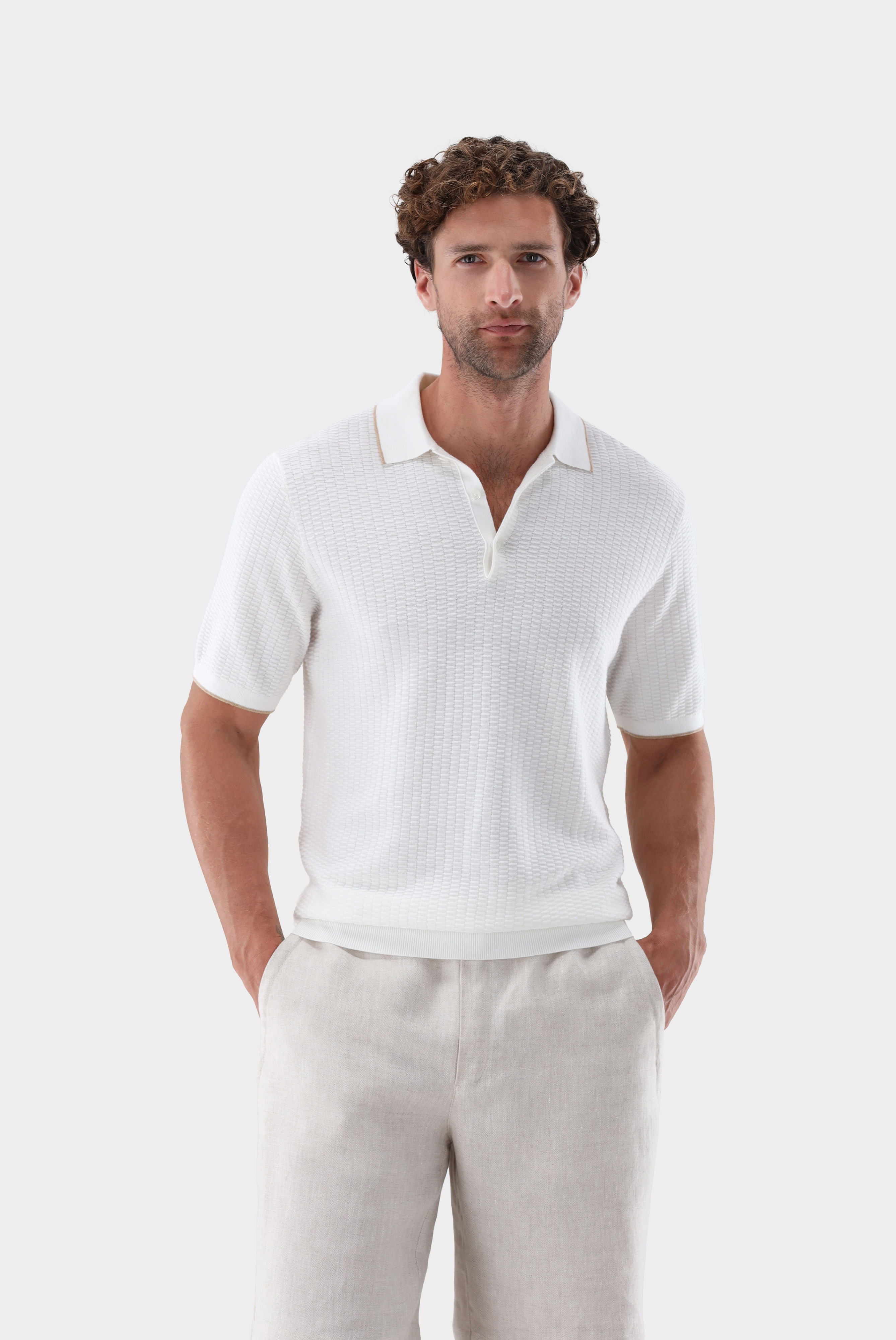 Knit polo shirt with cashmere and jacquard texture