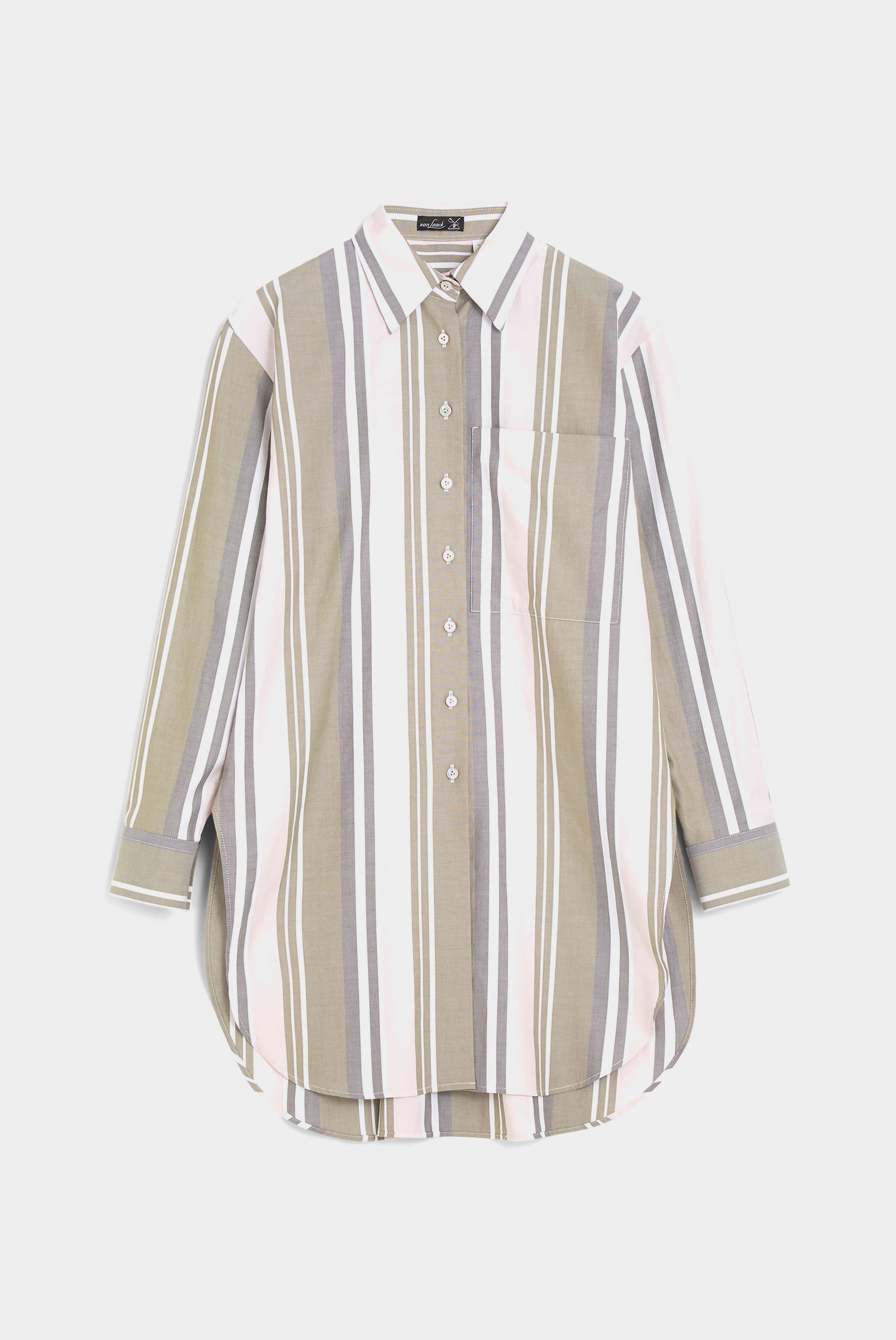 Long shirt blouse with chest pocket cotton green / white striped