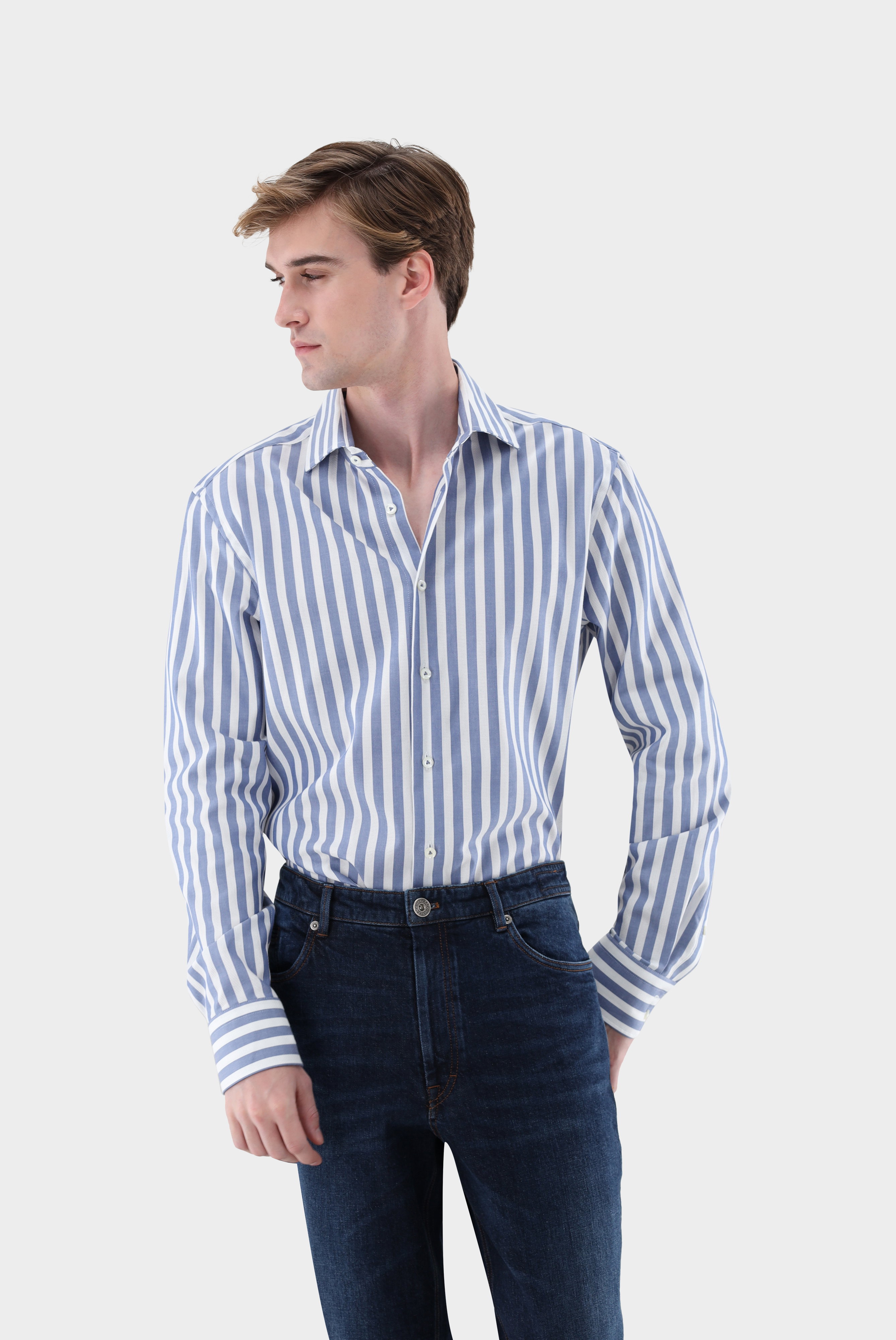 Striped shirt with basket weave texture and shark collar