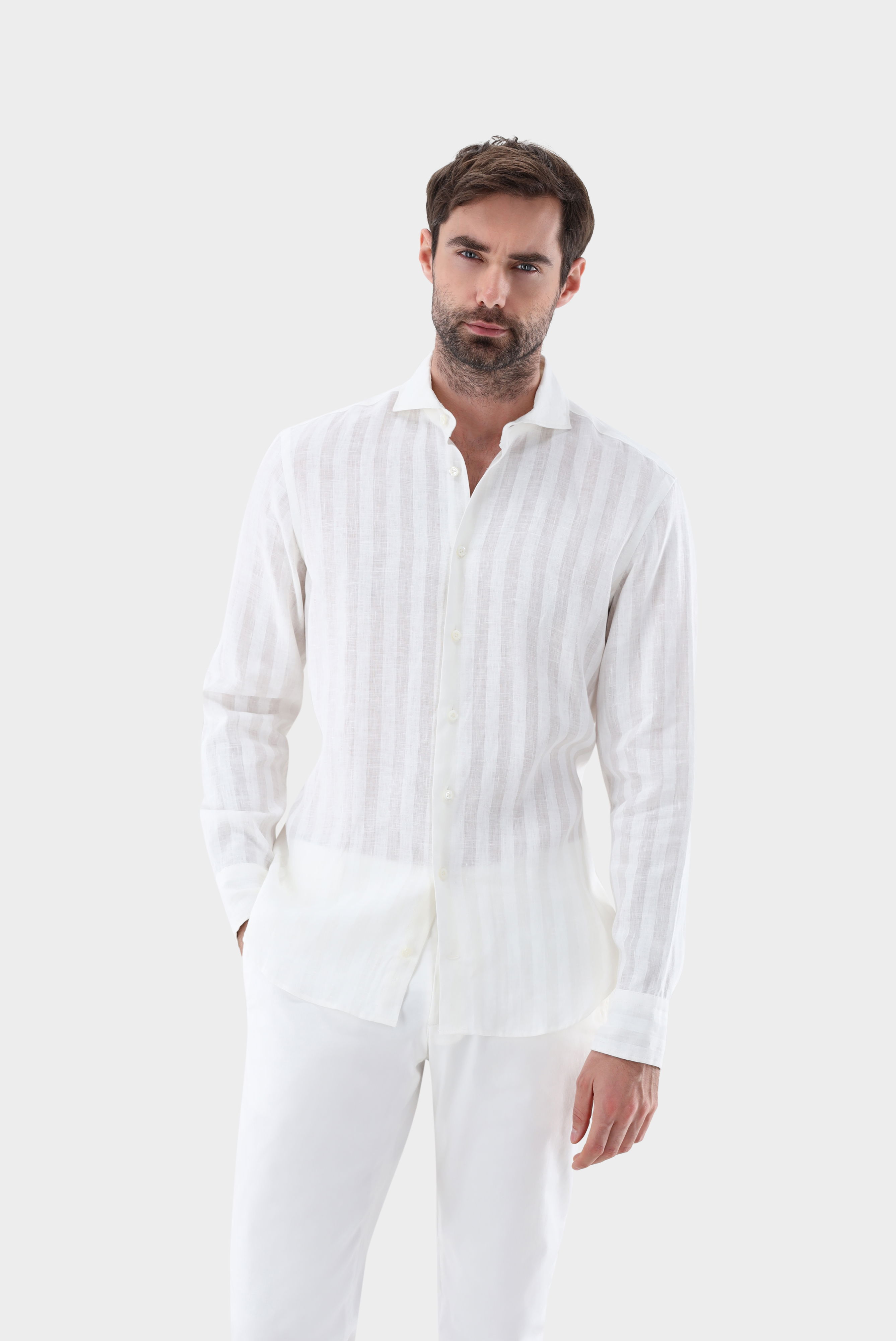 Leinenhemd mit weißen Streifen Tailor Fit