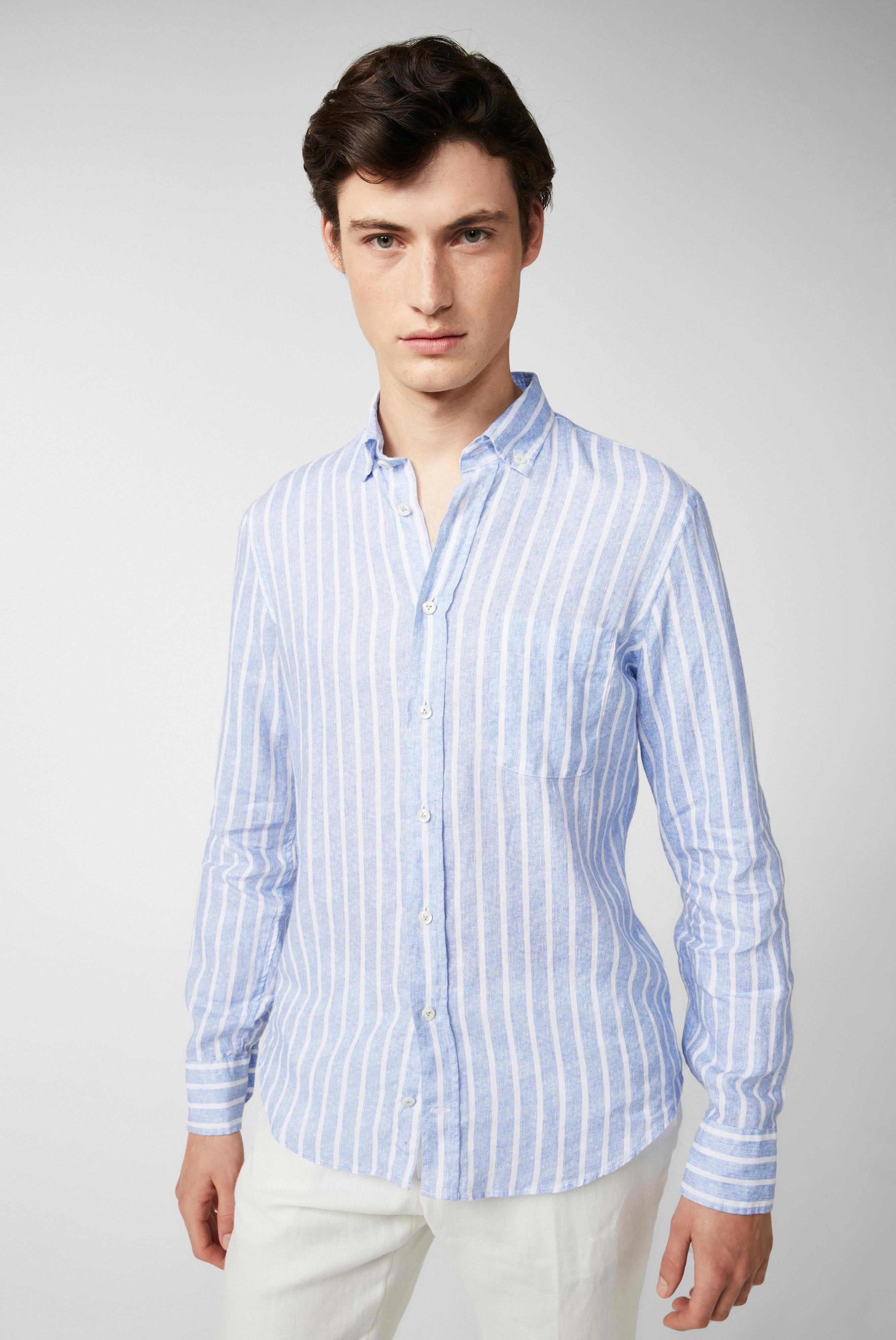 Linen button-down hem with stripe print