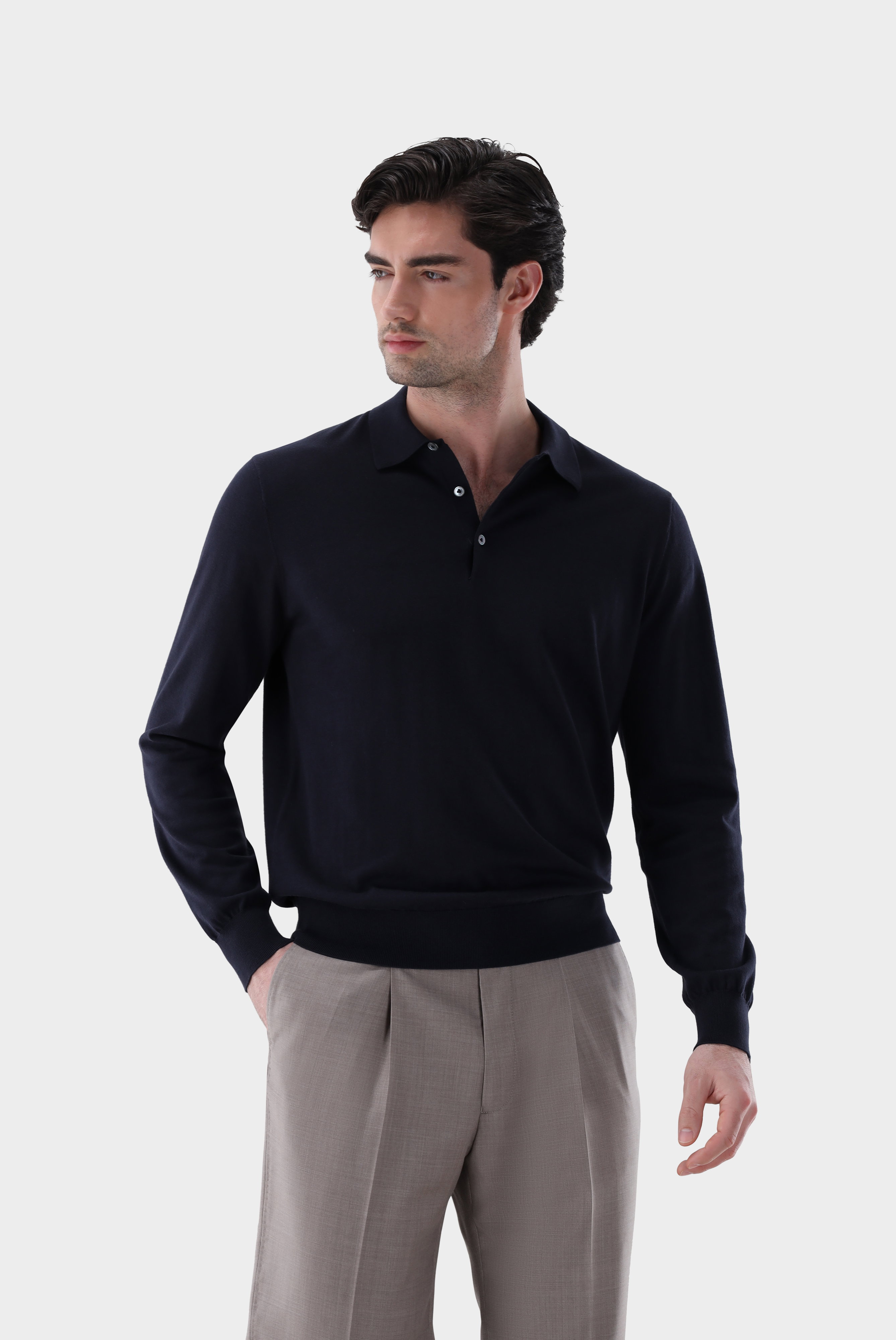 Long-sleeved knit polo shirt with cotton and silk