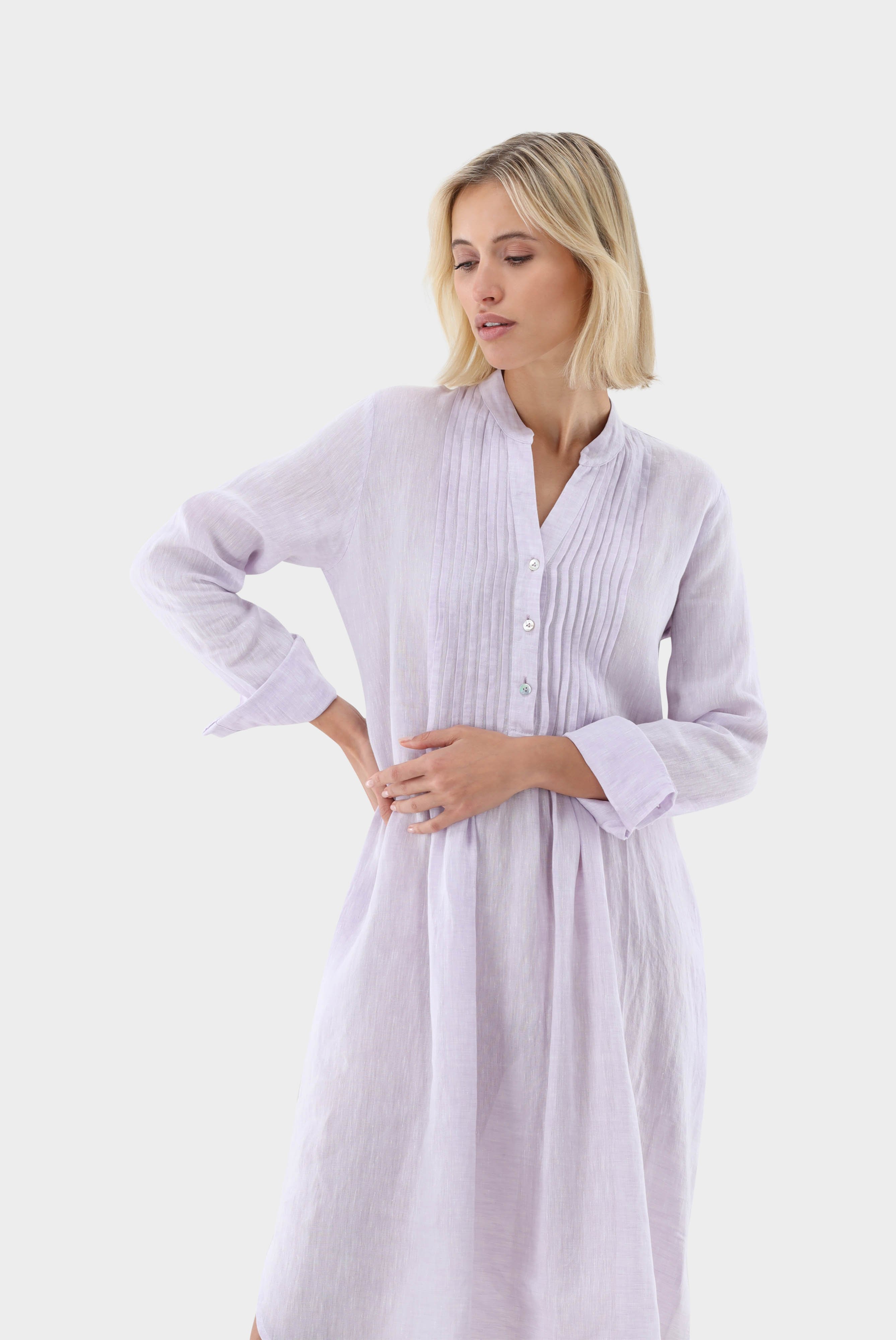 Knee-length dress with stand-up collar and ruffles made of linen