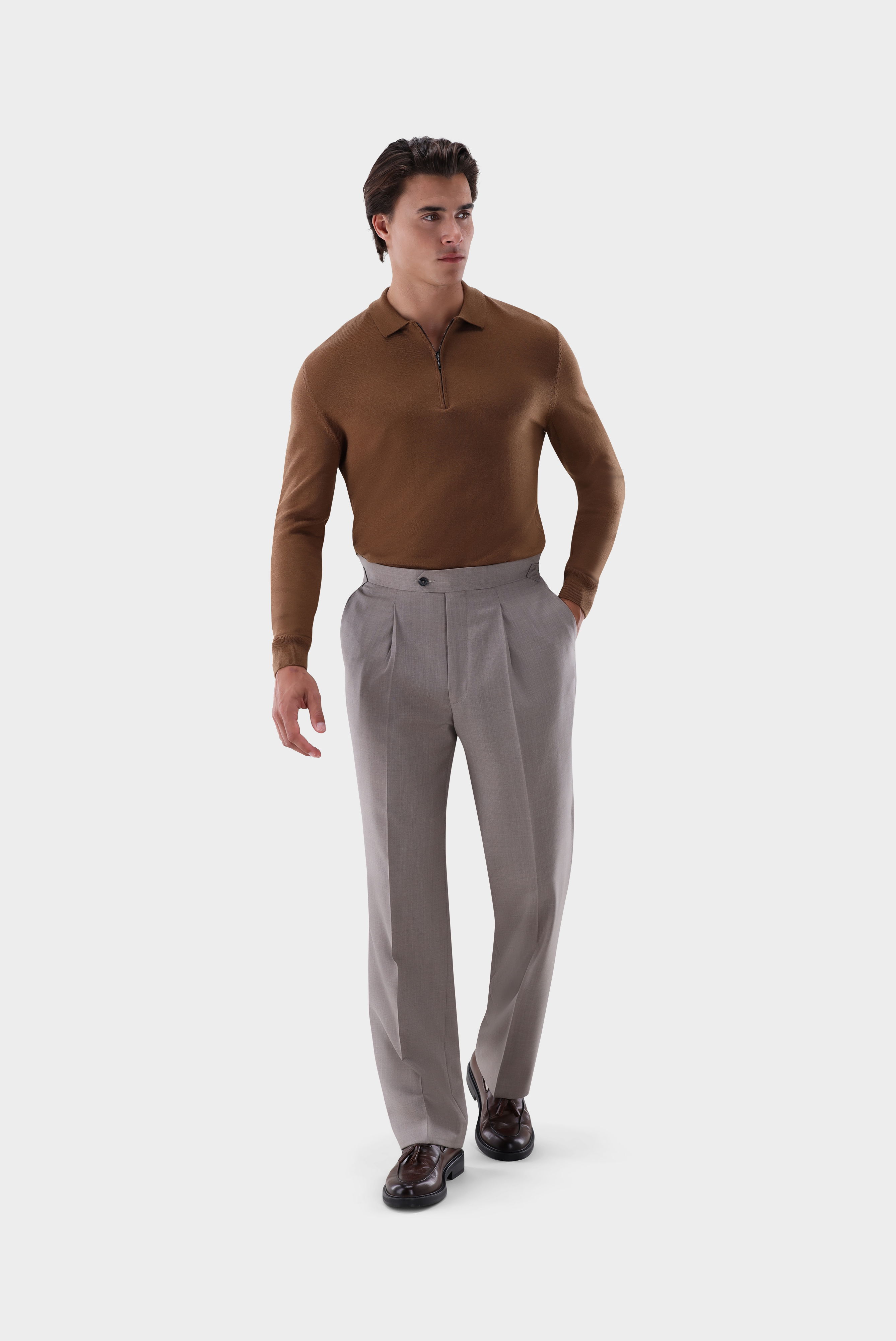 Poloshirt Langarm mit Reißverschluss aus merzerisierter Wolle günstig online kaufen