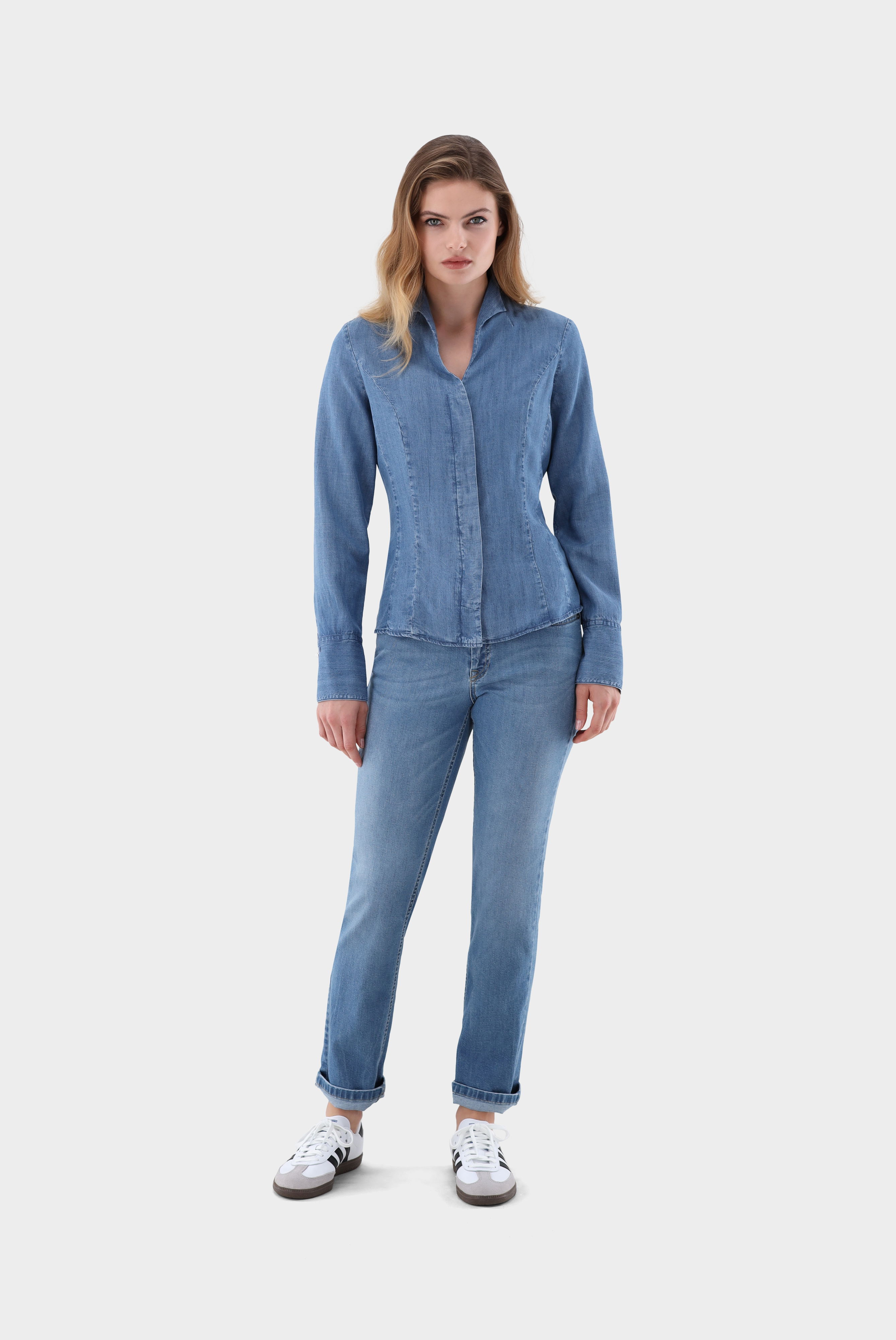 Kelchkragenbluse aus Jeans Stoff günstig online kaufen