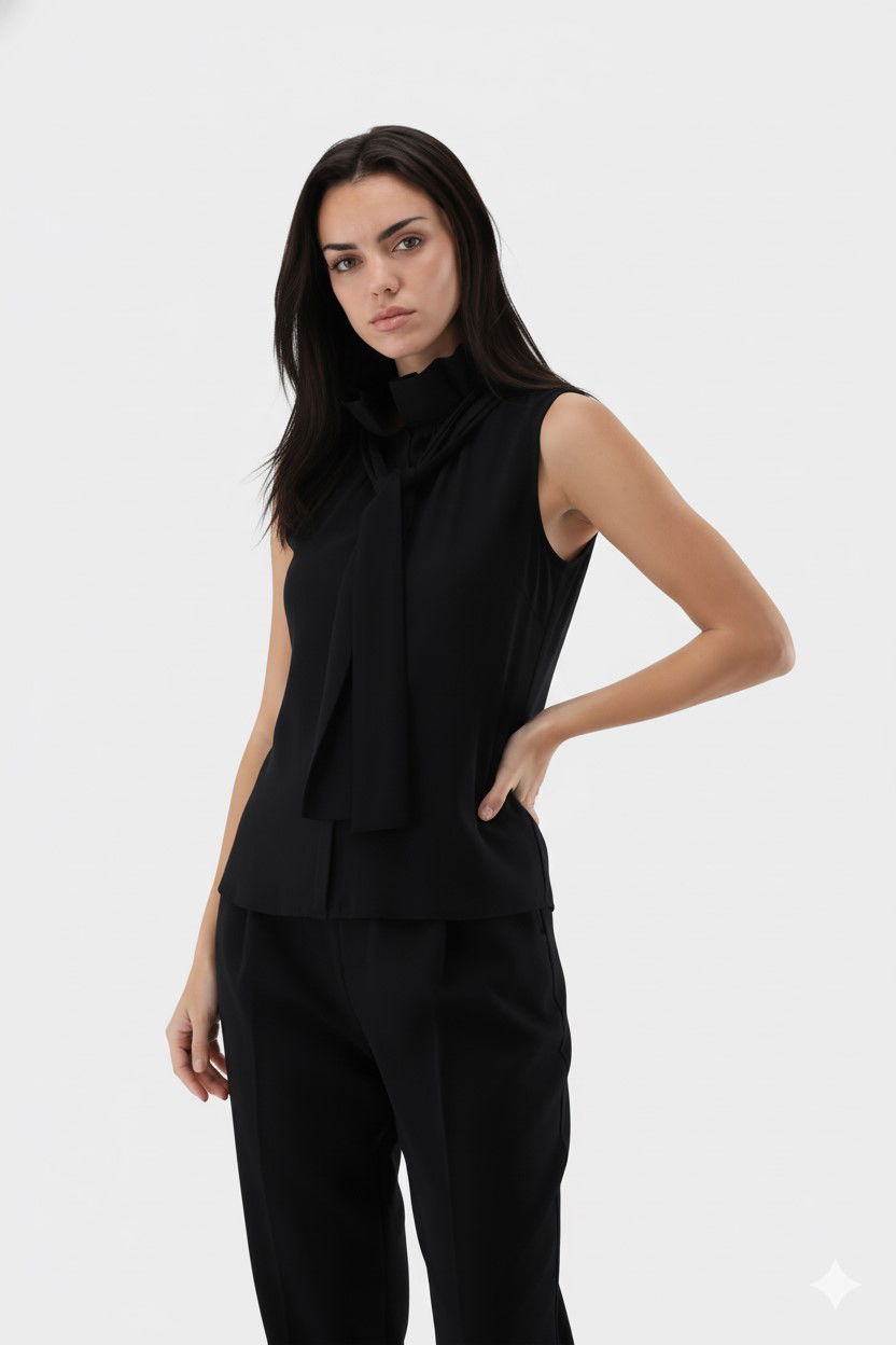 Sleeveless blouse with ruffles and bow