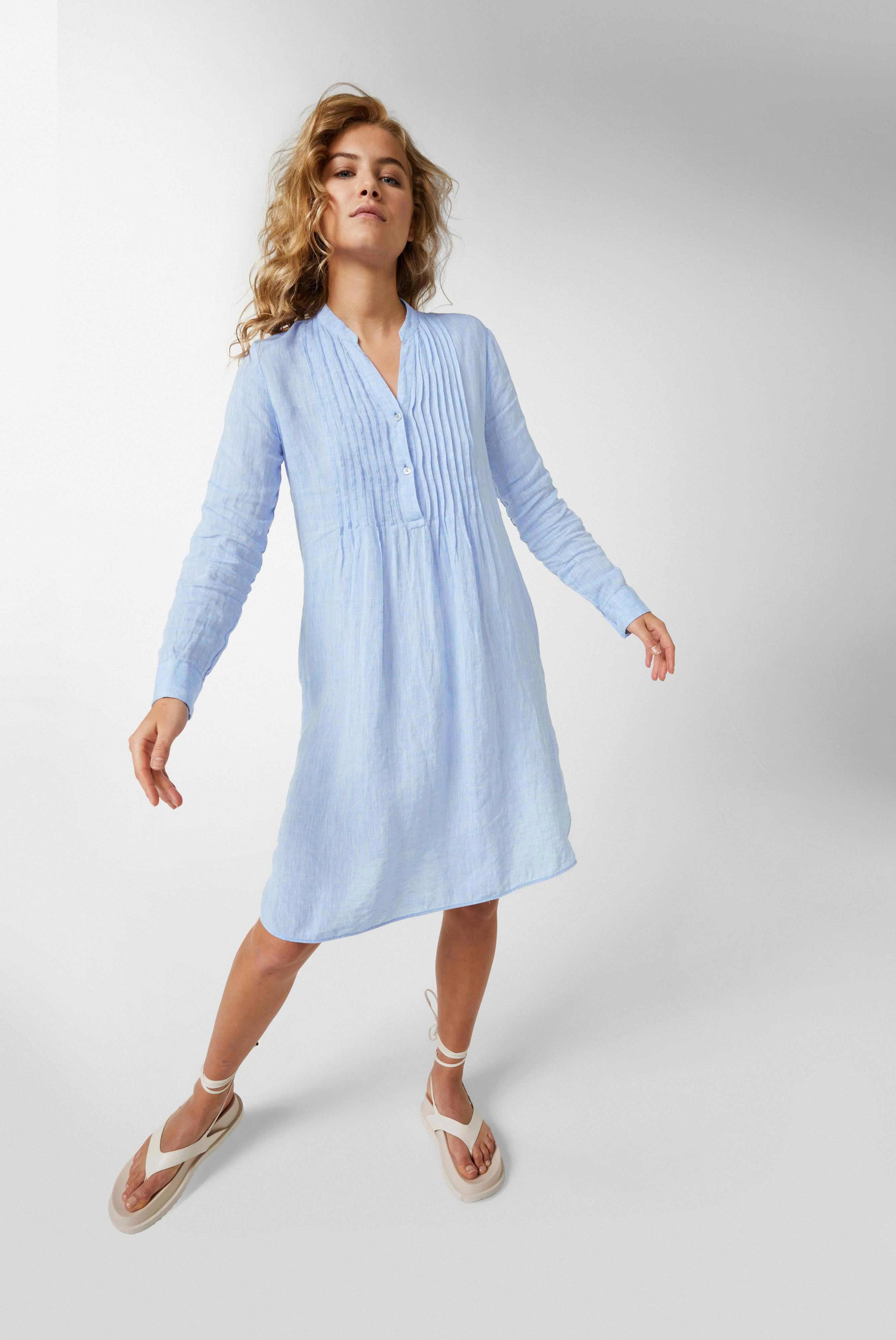 Dresses & Skirts+Knee-length linen dress with stand-up collar and ruffles blue+05.657K.2L.155038.720.32