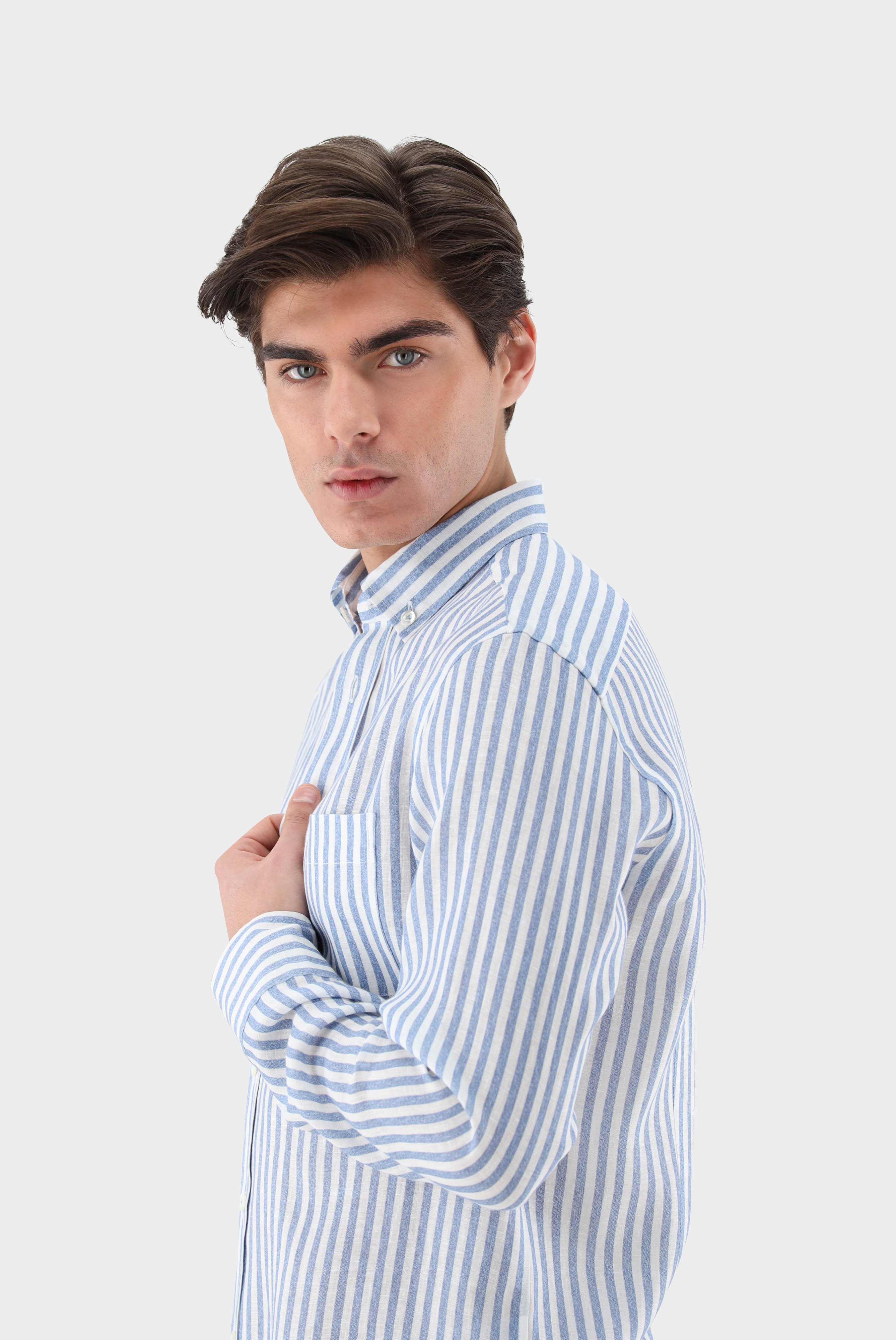 Casual Shirts+Linen Stripe Print Shirt Tailor Fit+20.2013.9V.170352.740.39