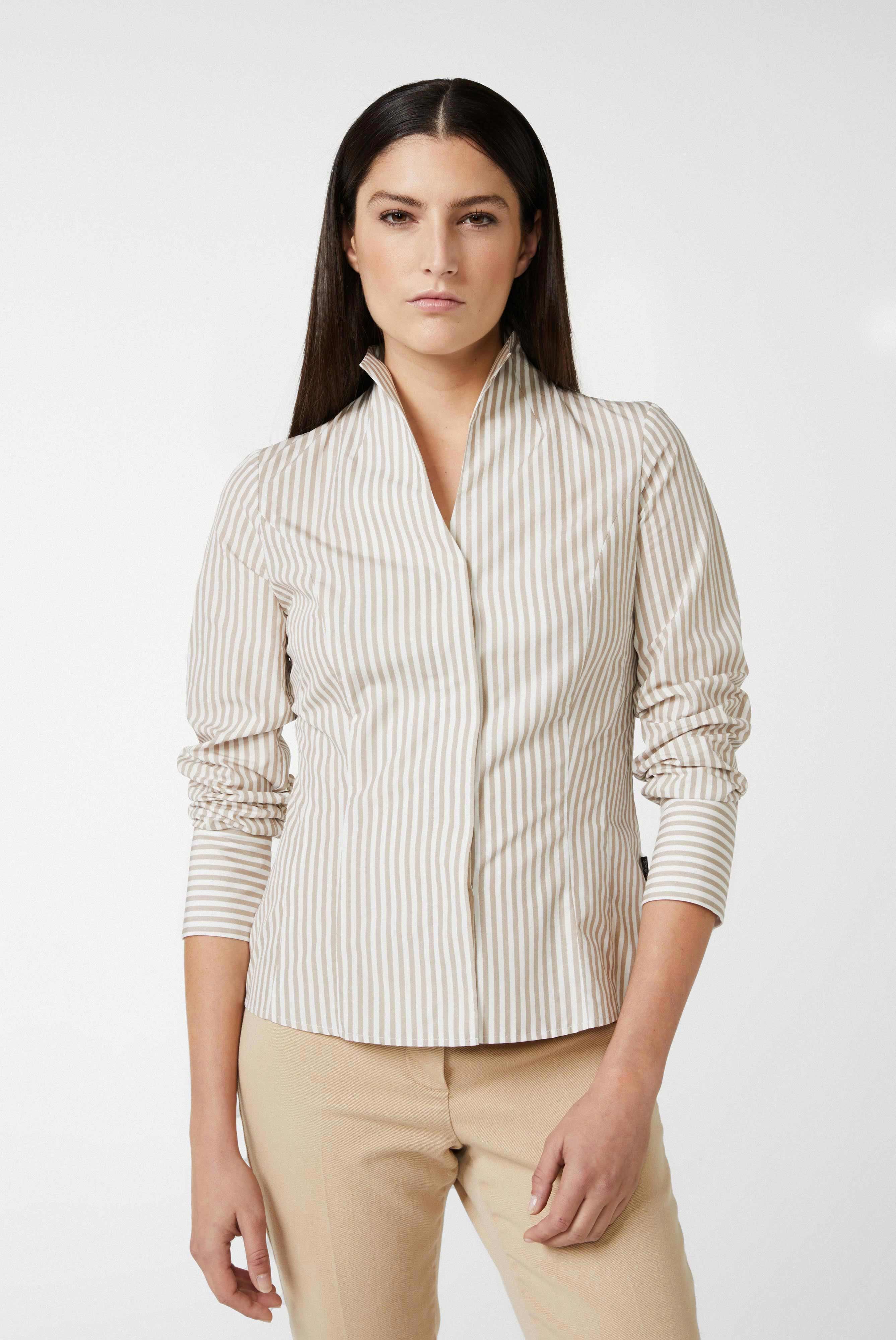 Business Blouses+Poplin chalice collar blouse beige striped+05.3612.FJ.170275.120.46