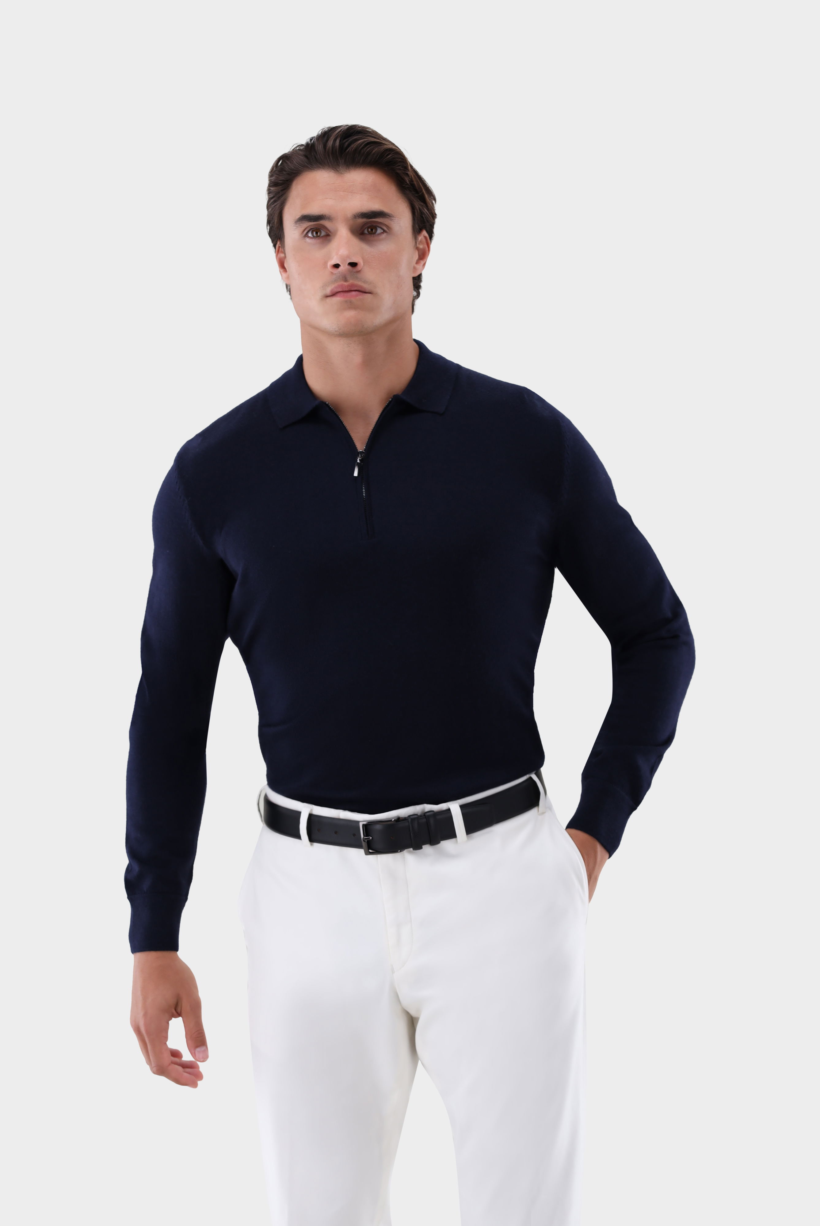 Poloshirt Langarm mit Reißverschluss aus merzerisierter Wolle