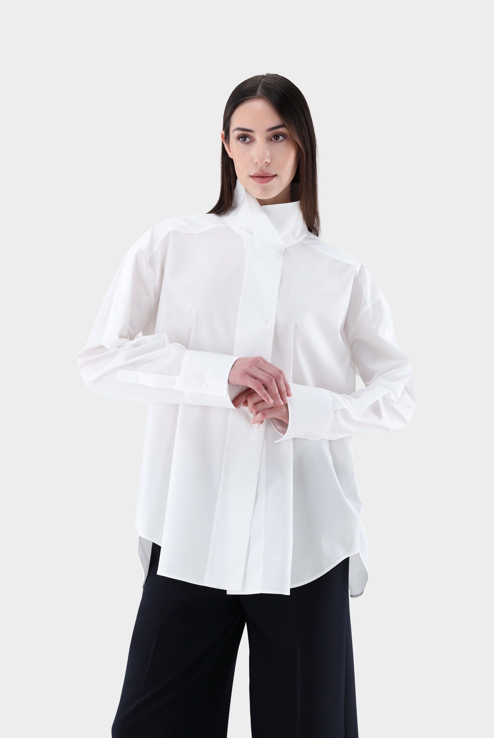 Damen Bluse Elegant Mit Rüschen Und Stehkragen – Langarm, Aus Baumwolle/Elasthan, Für Büro & Festliche Anlässe