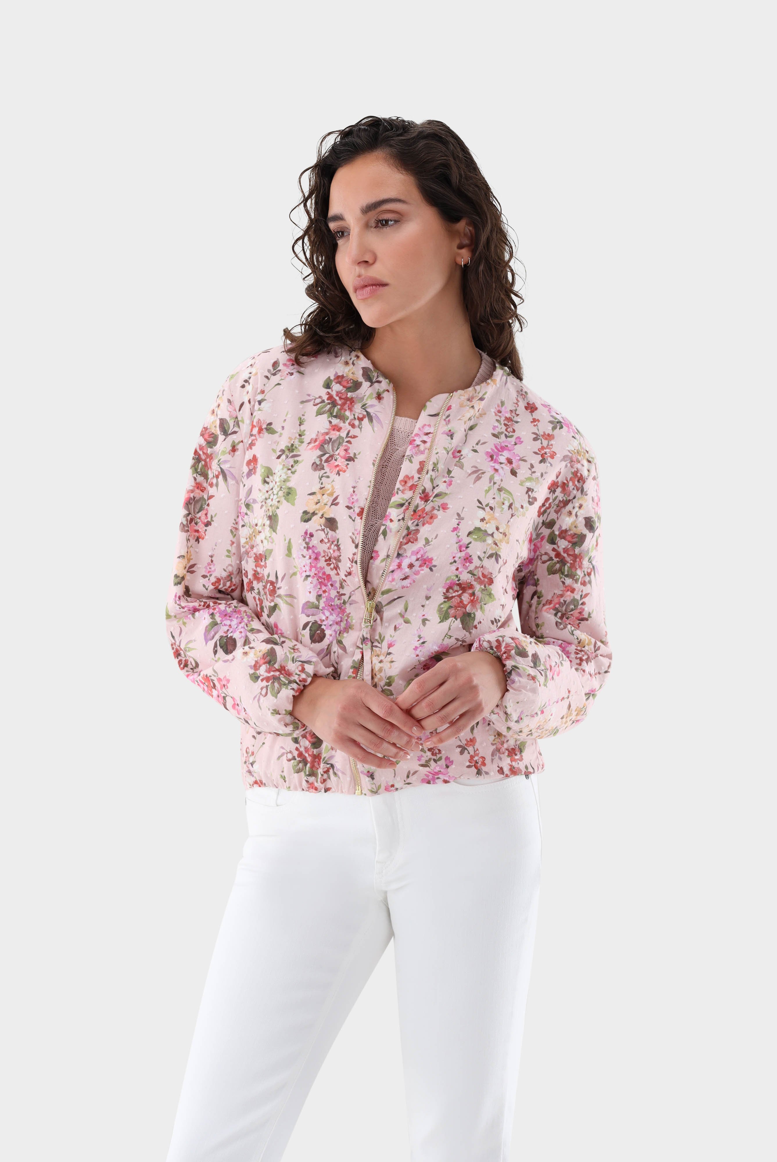 Printed Zip-Up Blouson with Floral Print