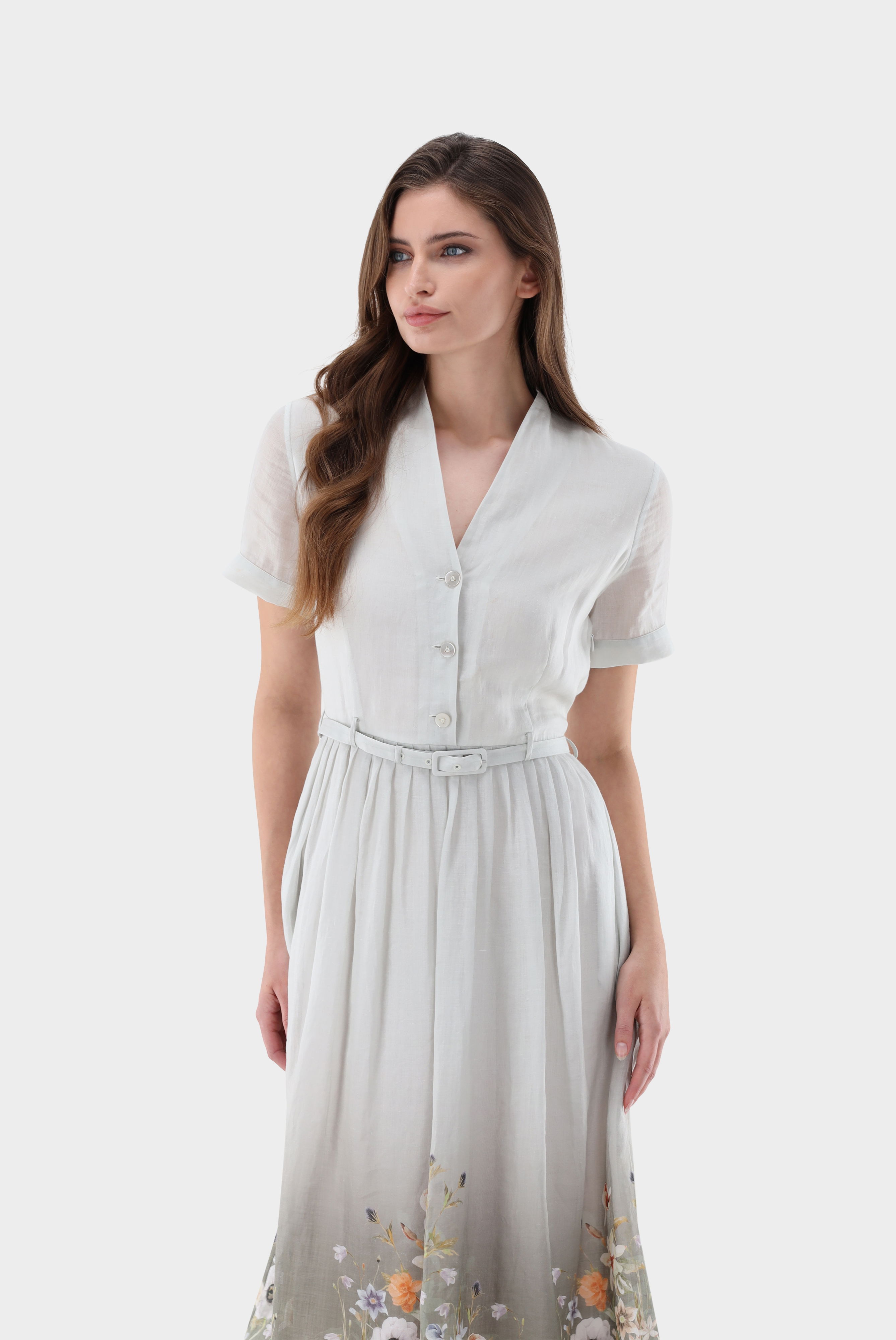 Midi-Kleid aus Leinen mit Blumendruck